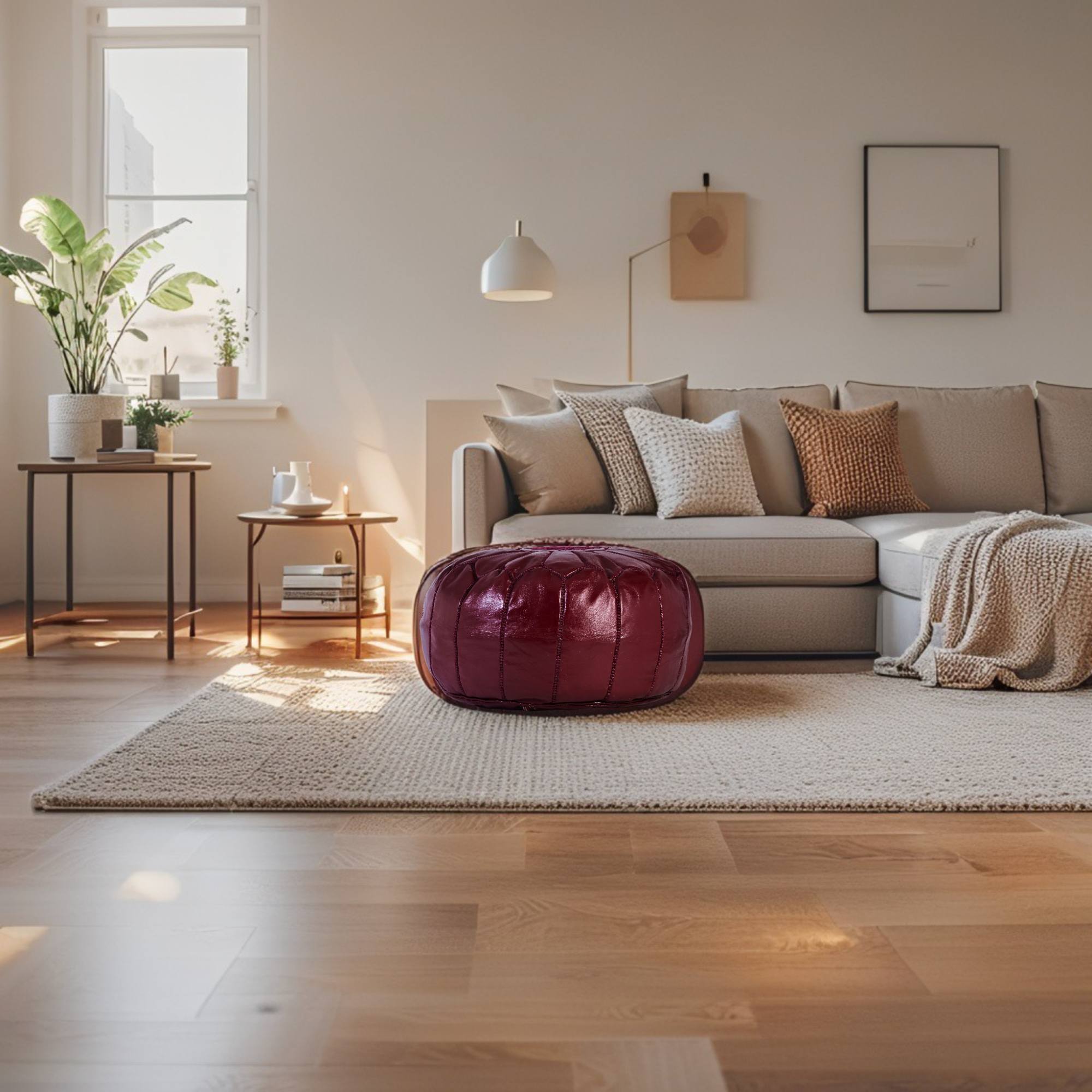 Burgundy Hand-Stitched Genuine Leather Ottoman Pouf with Embroidery