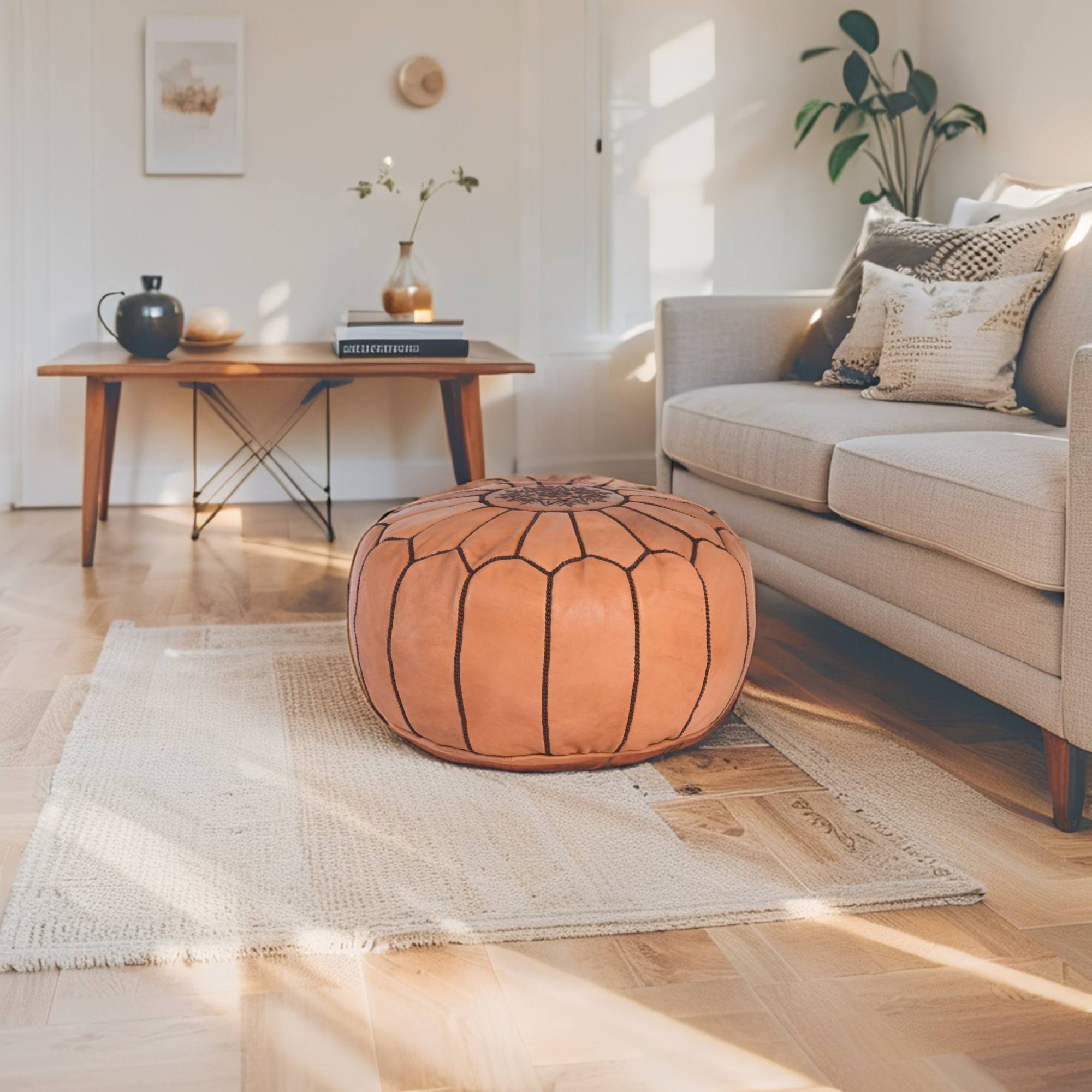 Cognac Brown Hand-Stitched Genuine Leather Ottoman Pouf with Embroidery