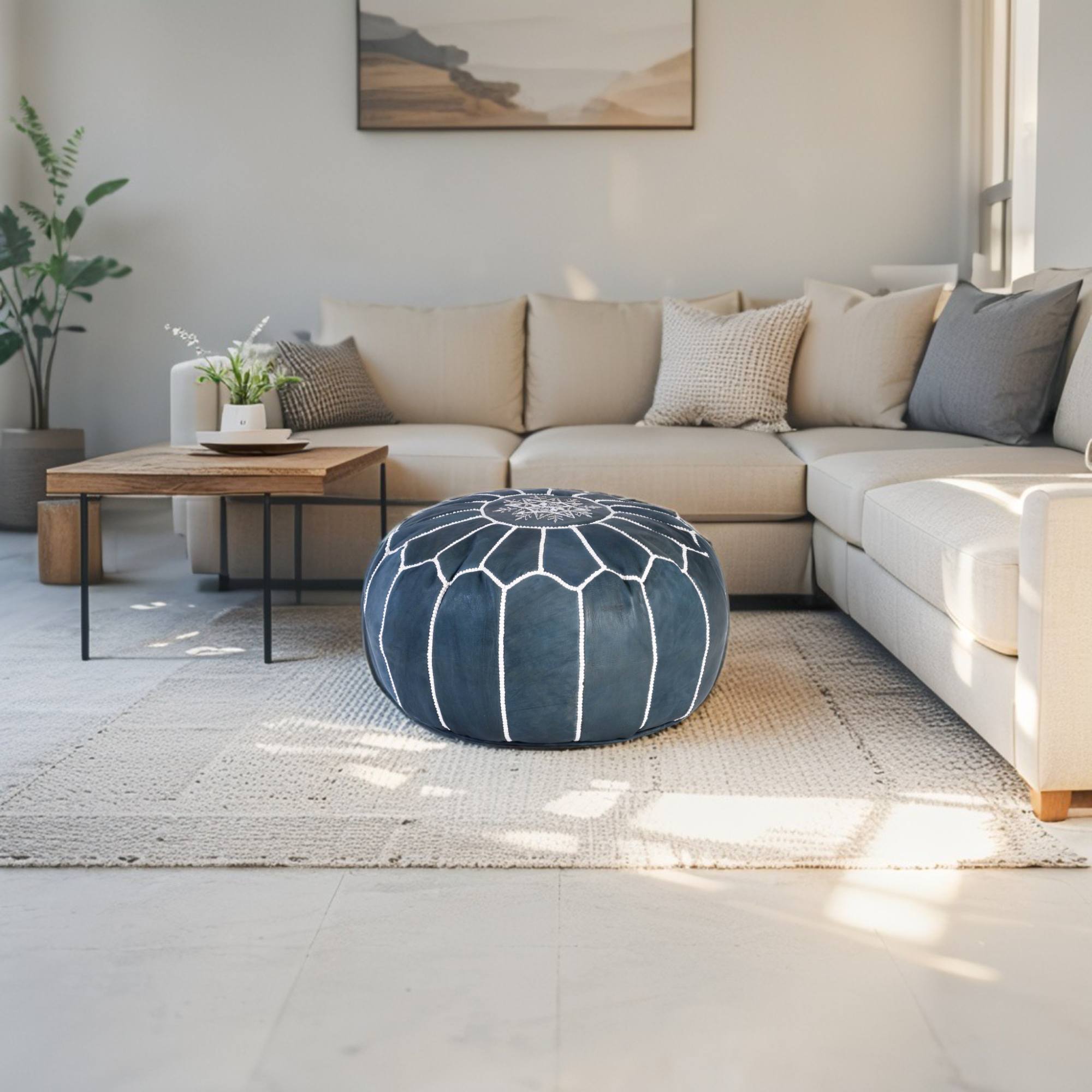 Dark Blue Hand-Stitched Genuine Leather Ottoman Pouf with Embroidery