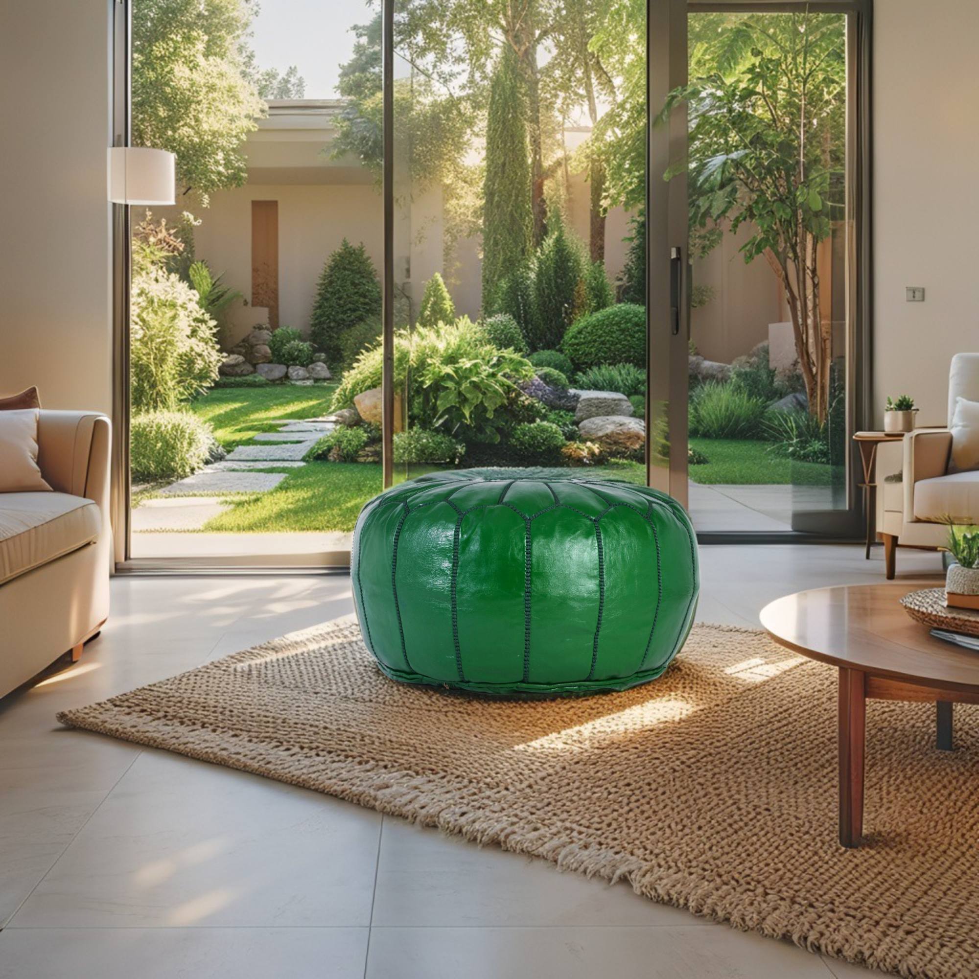 Dark Green Hand-Stitched Genuine Leather Ottoman Pouf with Embroidery