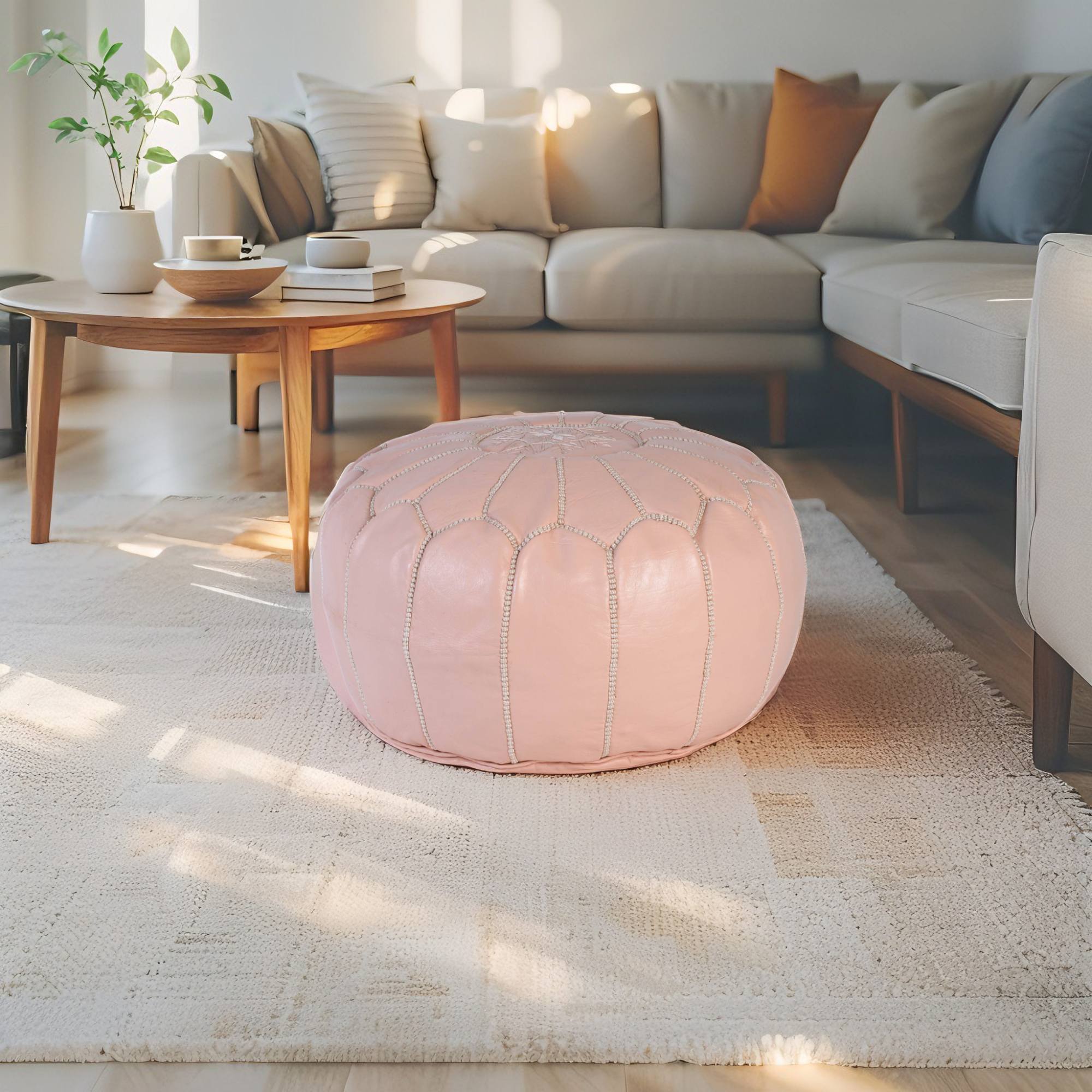 Light Pink Hand-Stitched Genuine Leather Ottoman Pouf with Embroidery
