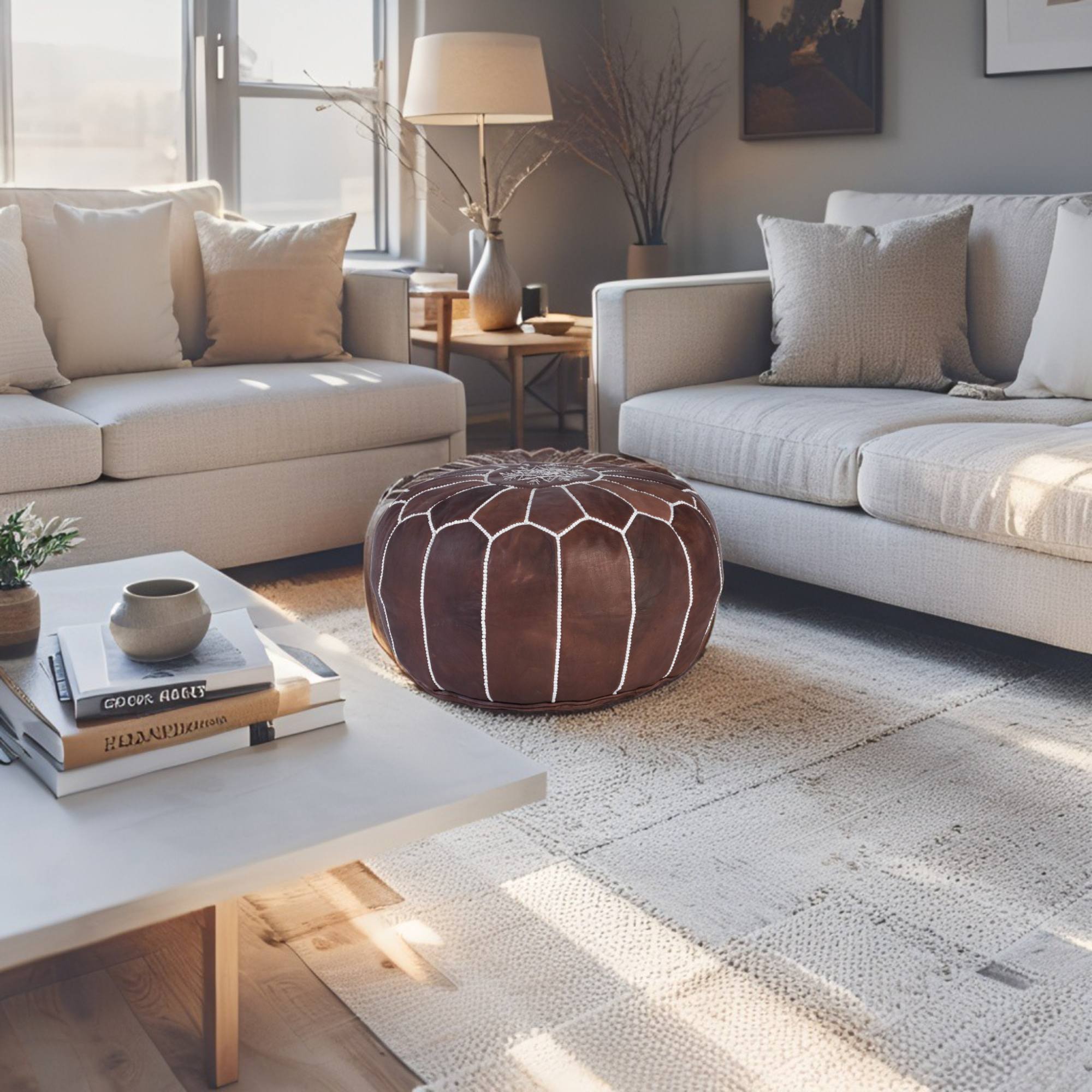 Brown Hand-Stitched Genuine Leather Ottoman Pouf with New Embroidery Design