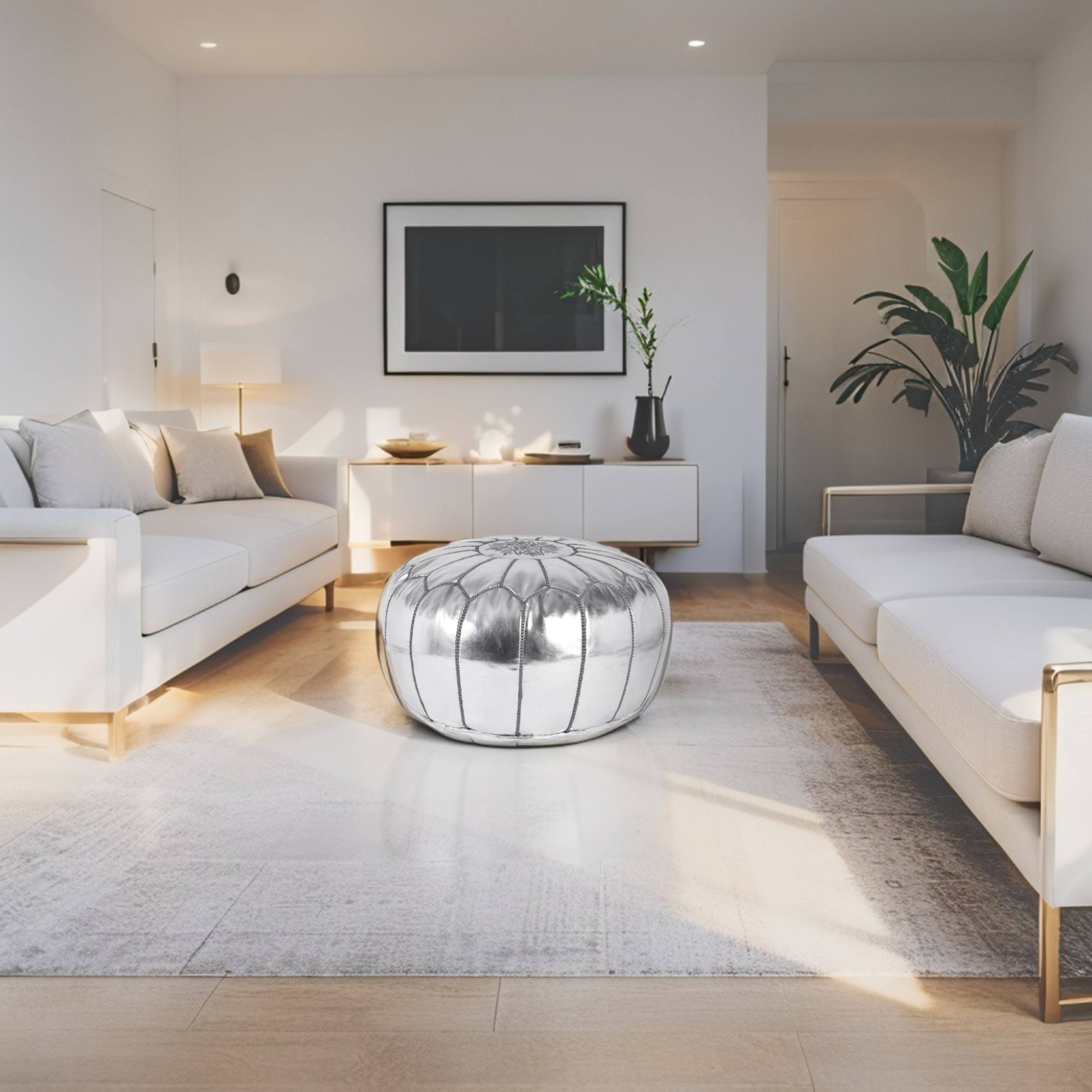 Silver Hand-Stitched Genuine Leather Ottoman Pouf with Embroidery