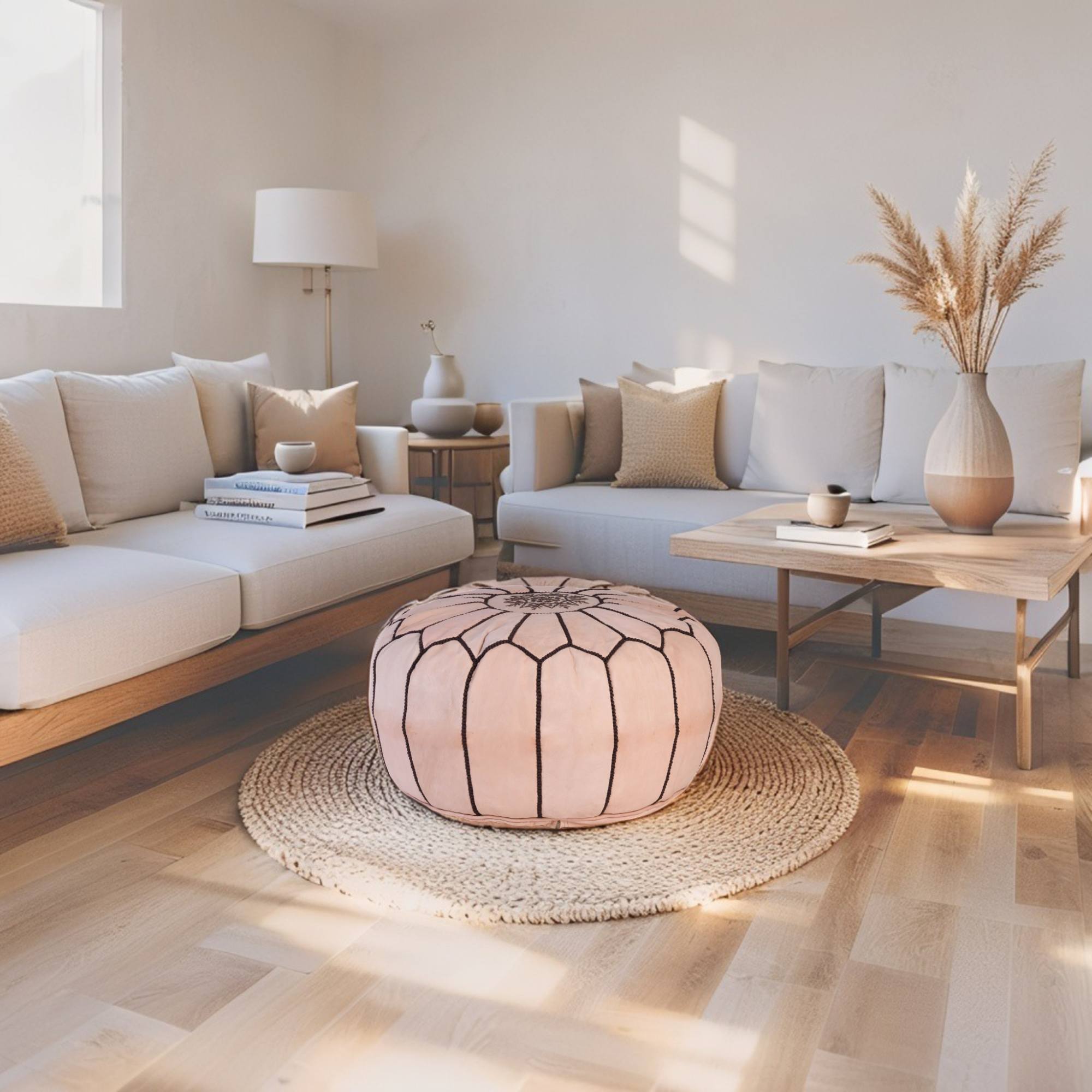 Tan Natural Hand-Stitched Genuine Leather Ottoman Pouf with Embroidery