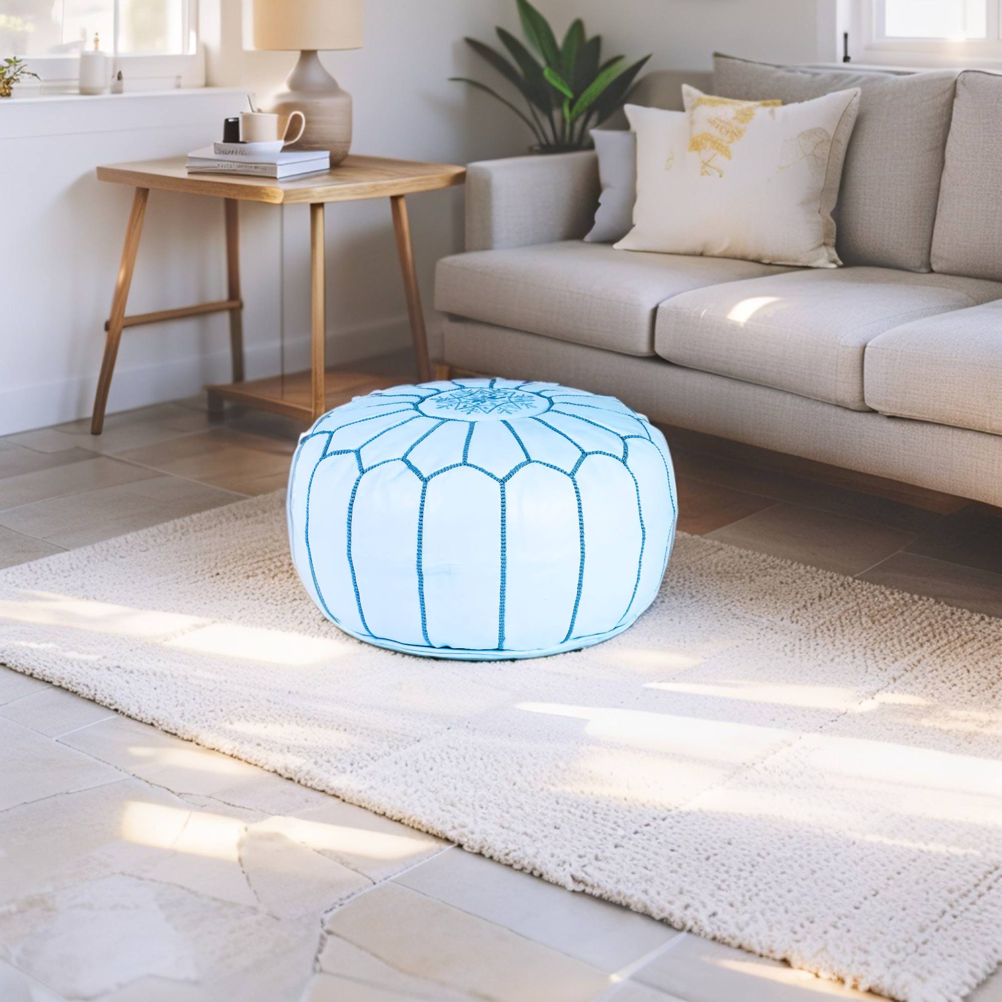White Turquoise Hand-Stitched Genuine Leather Ottoman Pouf with Embroidery