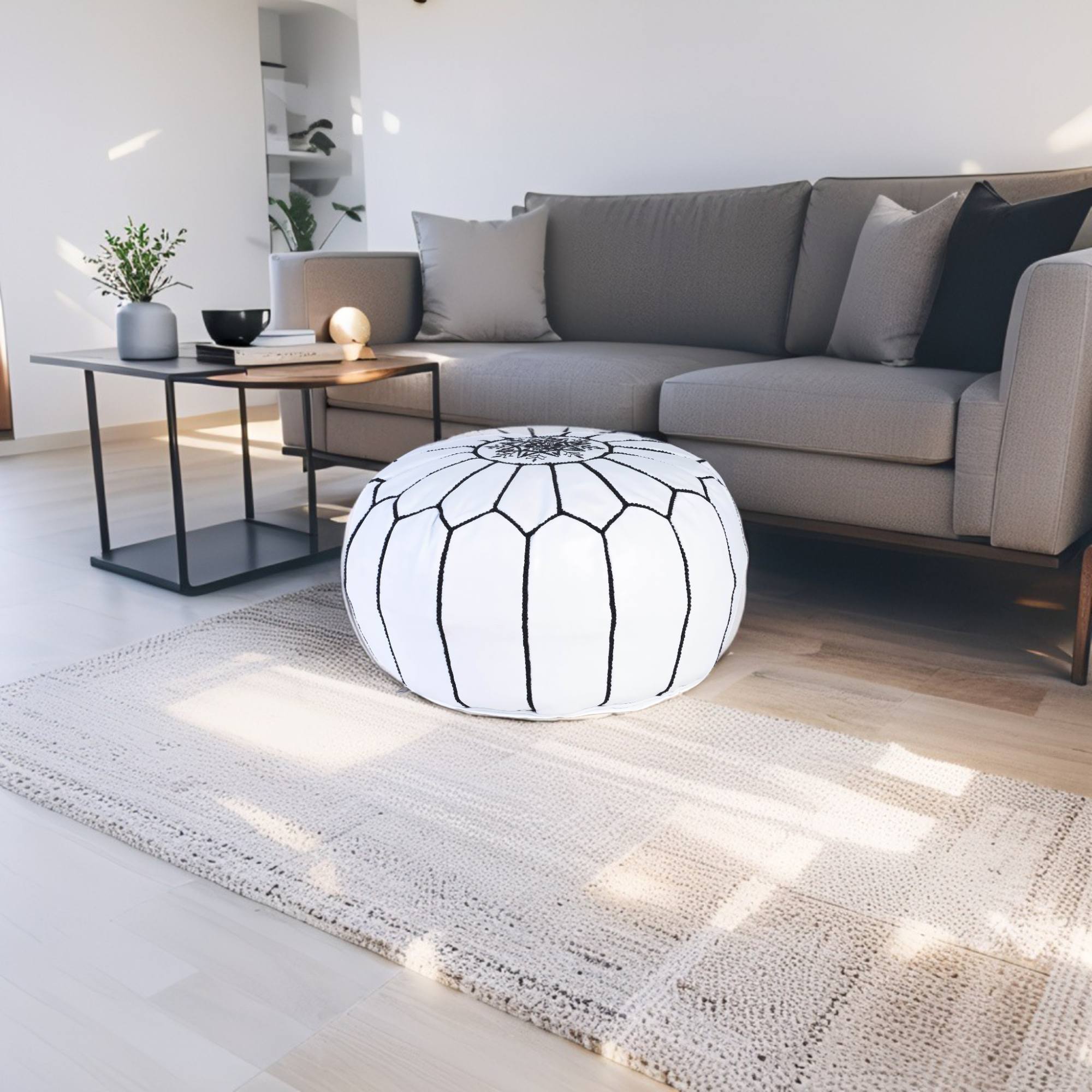 White Black Hand-Stitched Genuine Leather Ottoman Pouf with Embroidery