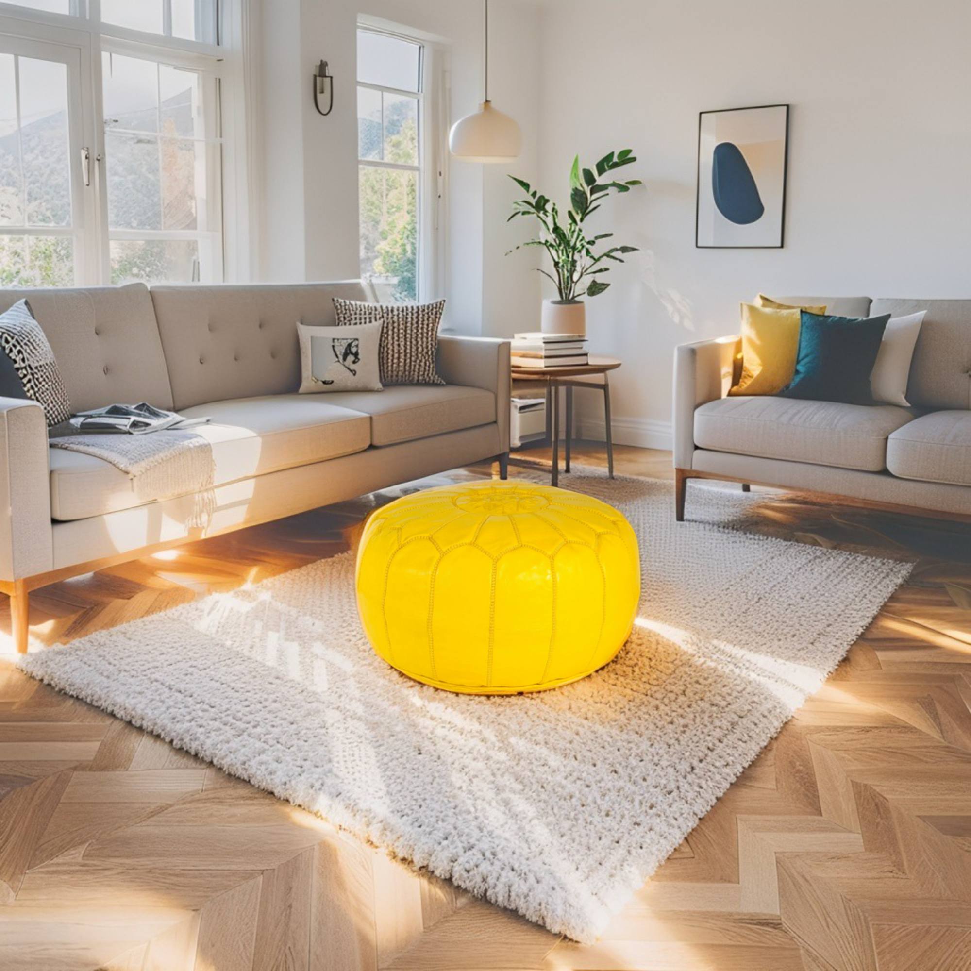 Yellow Hand-Stitched Genuine Leather Ottoman Pouf with Embroidery