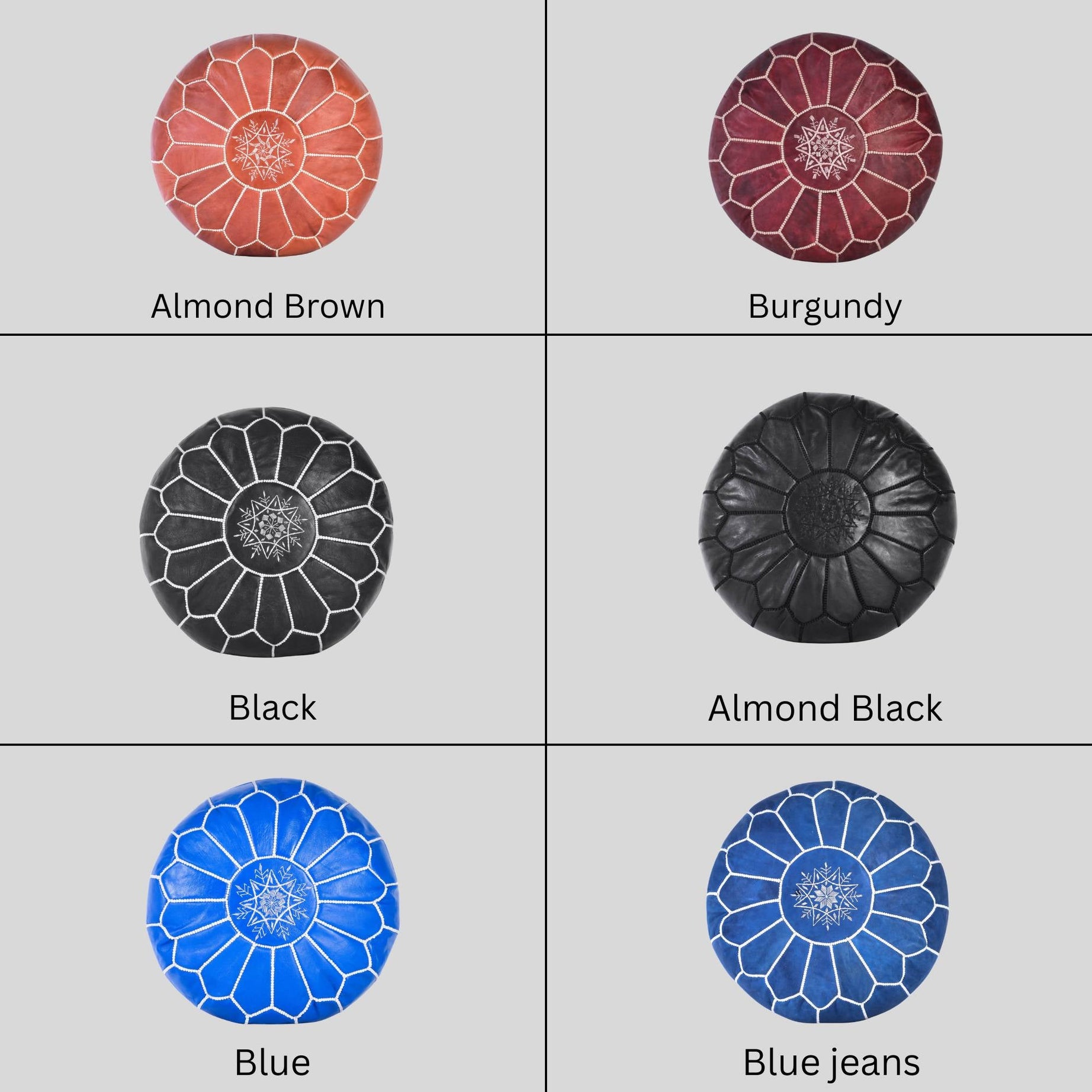 Leather Ottoman Pouf with Embroidery – Color Variations
