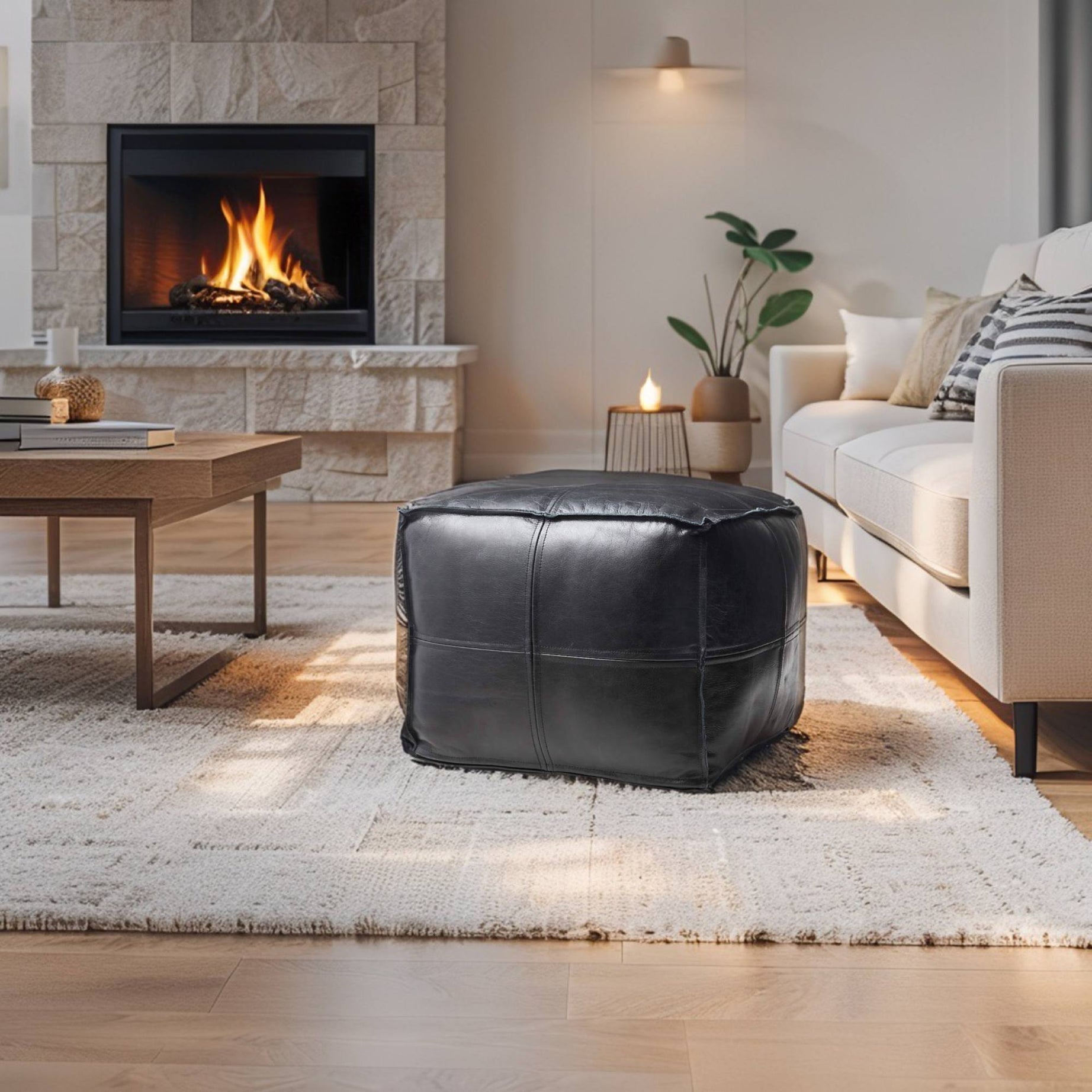 Black Premium Square  Leather Pouf