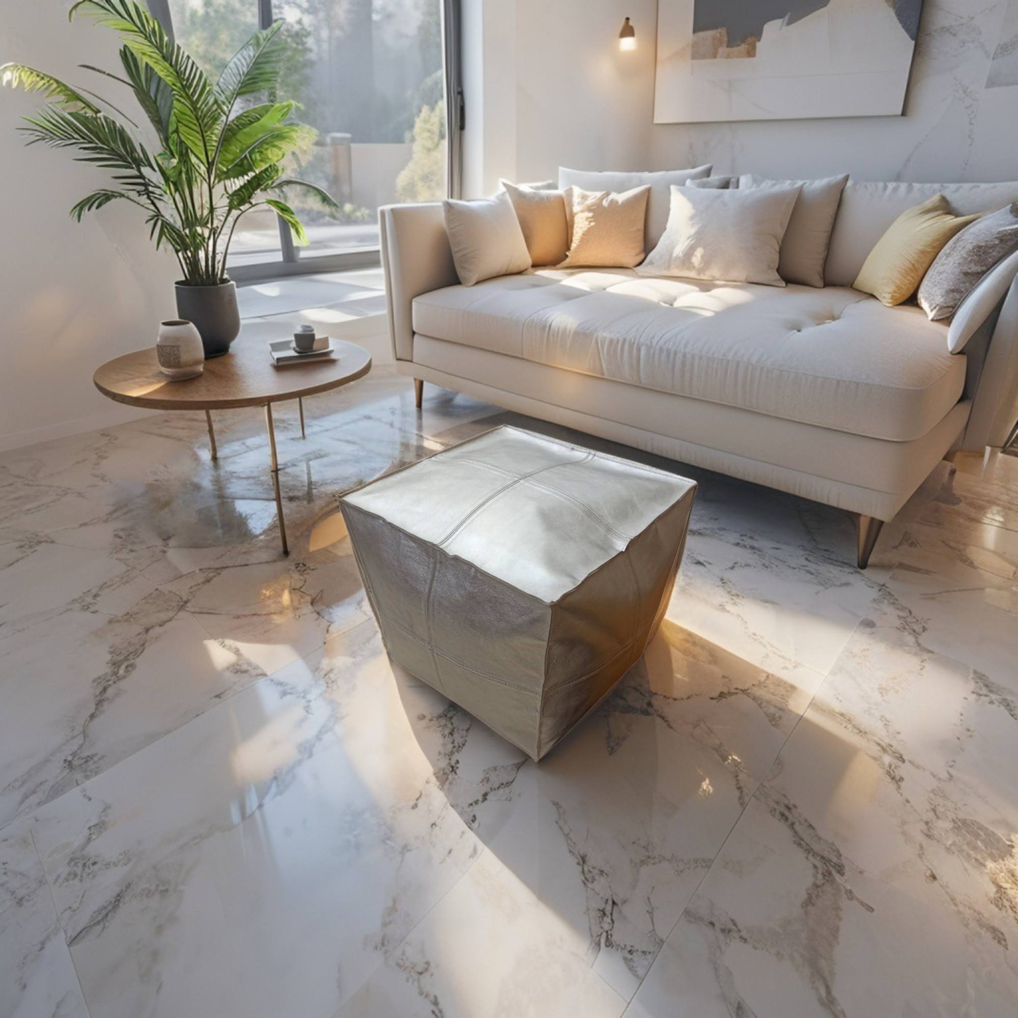 Handcrafted Premium Silver Pearl Leather Square Ottoman Pouf – Luxury Large Ottoman, Modern Home Decor, Footrest & Seating