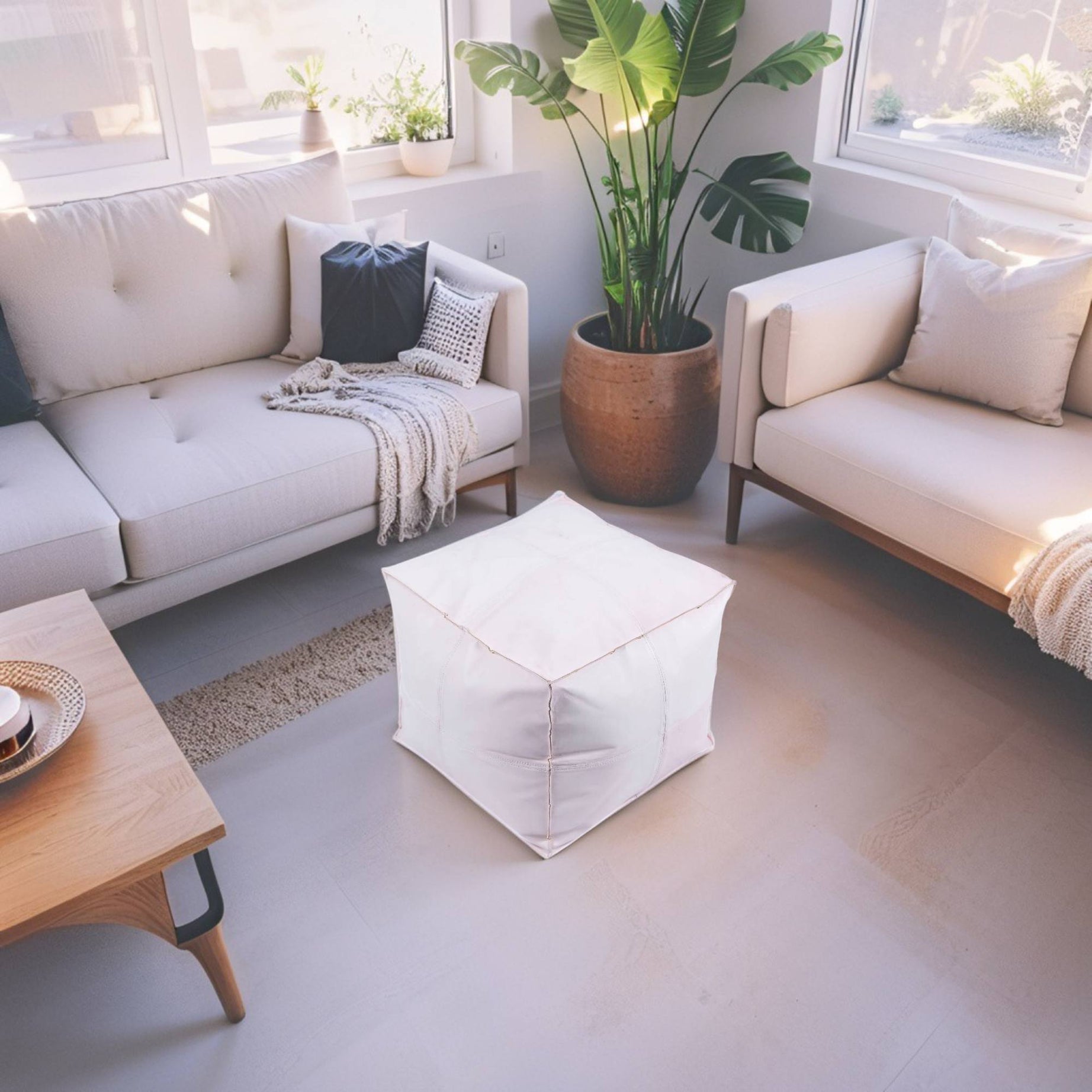 White Premium Square  Leather Pouf