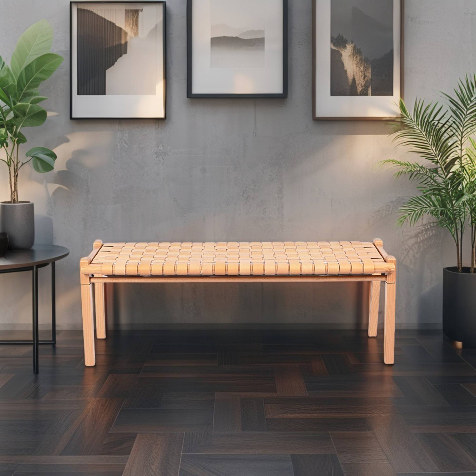 Woven Leather Bench – Beige Strap Leather Seat on Varnished Teak Wood Frame