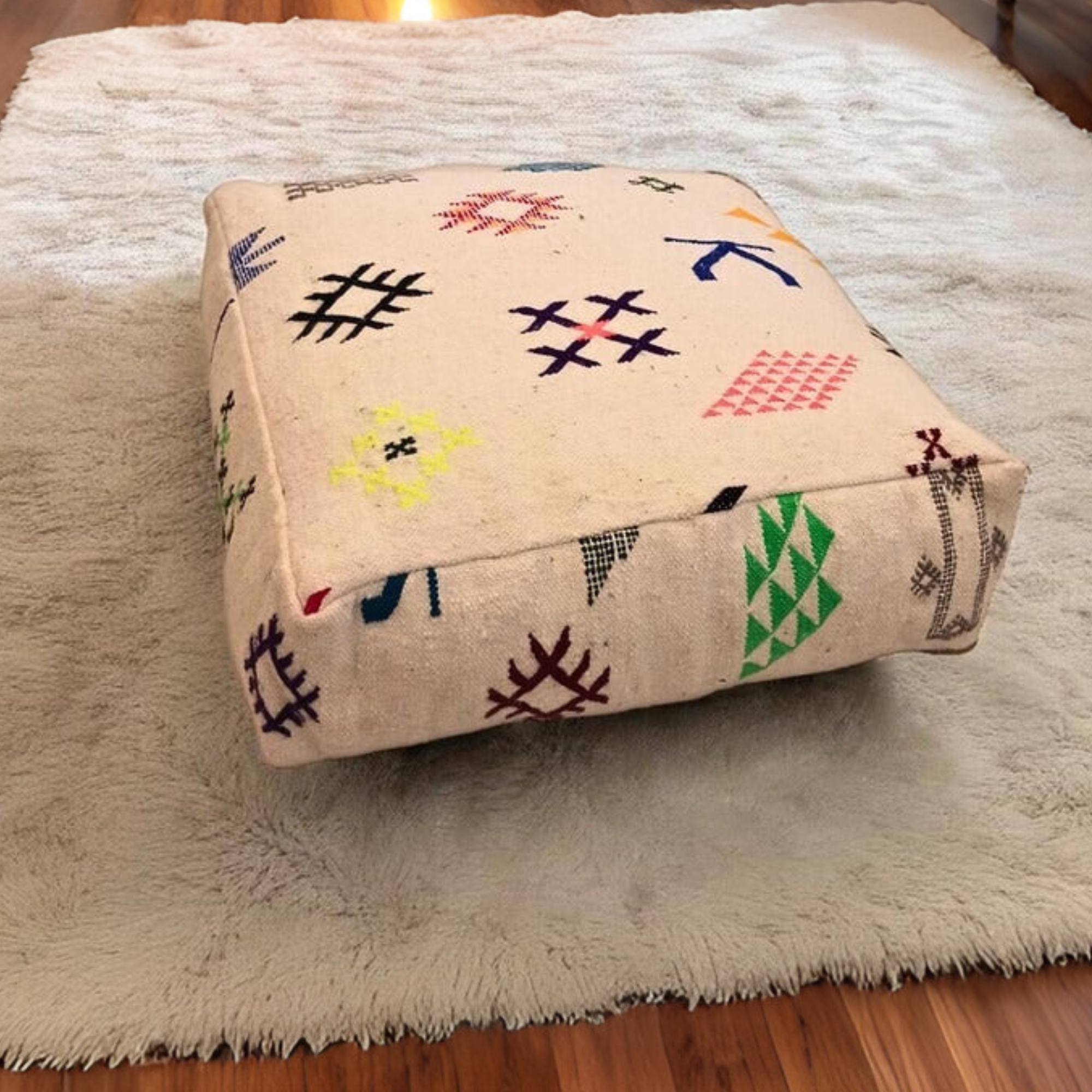 Set of 2 Large  Ottoman Poufs – Vintage Wool Square Poufs & Meditation Cushions with Free Pillow