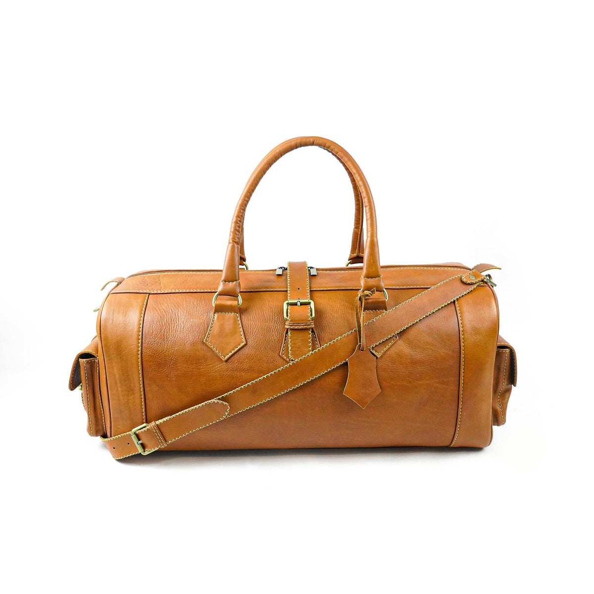 Cognac Vintage Leather Duffel Bag Front View Moroccan - LuxoraCraft