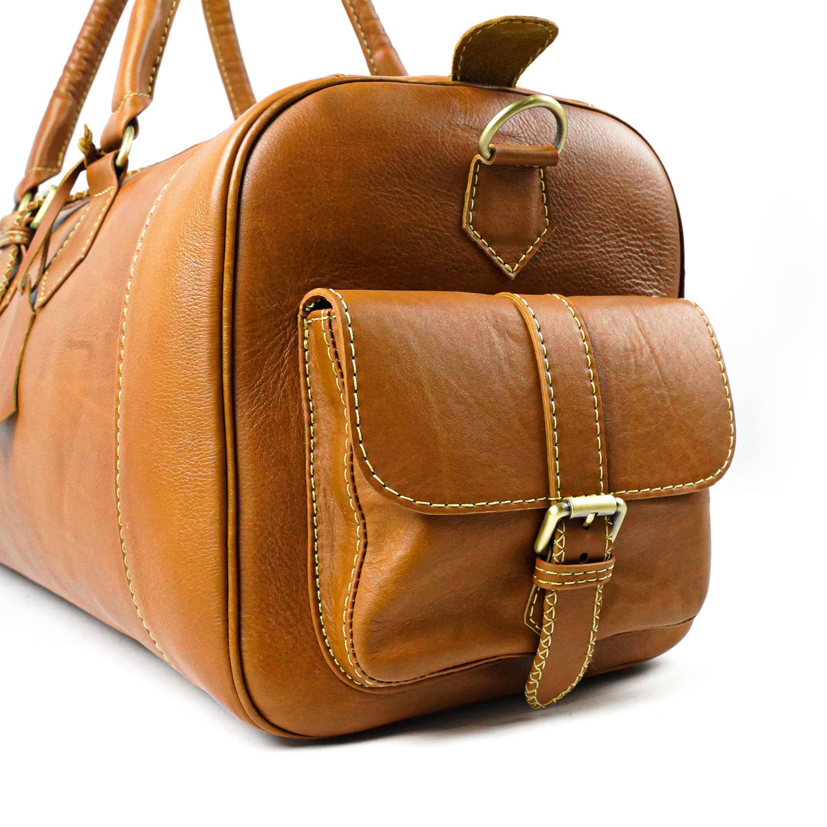Cognac Hand-Stitched Leather Weekender Bag Morocco Craft - LuxoraCraft