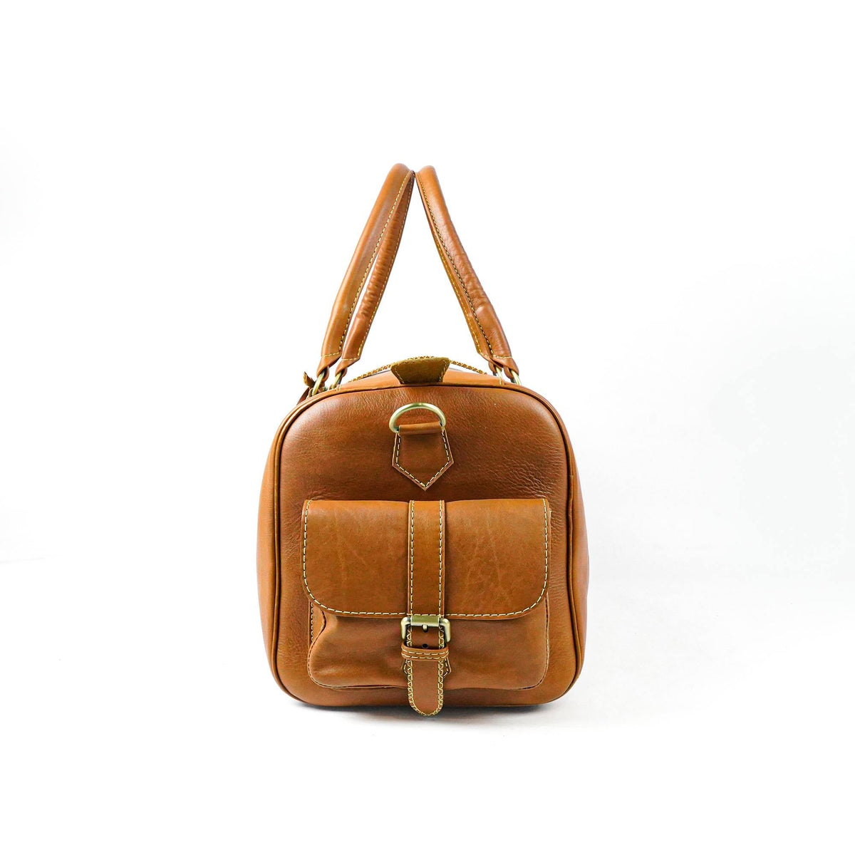 Cognac Leather Travel Bag Hand-Stitched Side View Morocco - LuxoraCraft