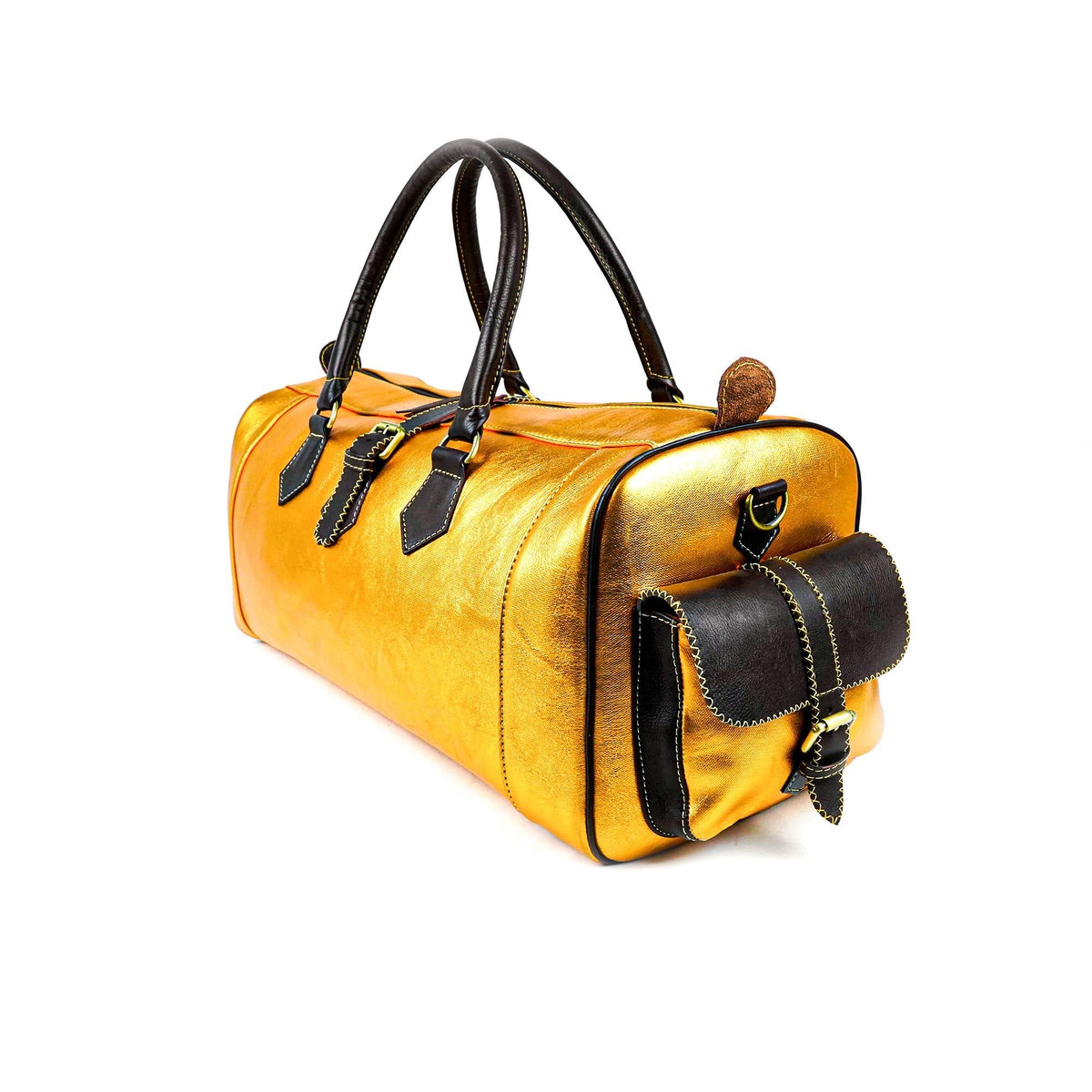Gold Vintage Leather Travel Bag Hand-Stitched Style - LuxoraCraft