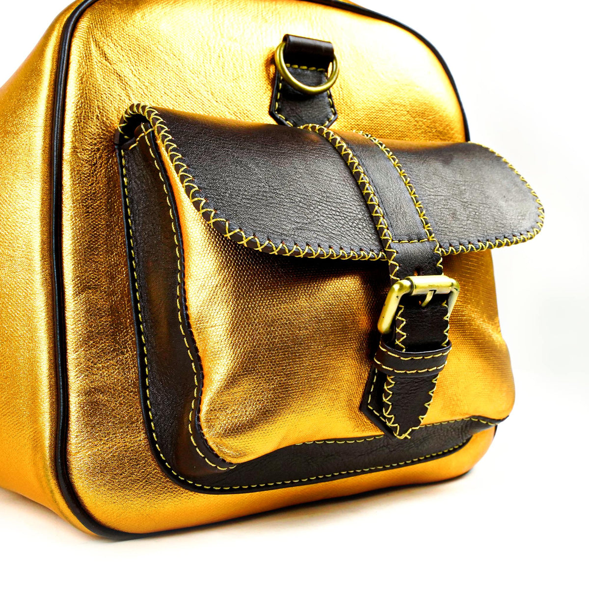 Gold Leather Duffel Bag Front View Hand-Stitched Artisan - LuxoraCraft