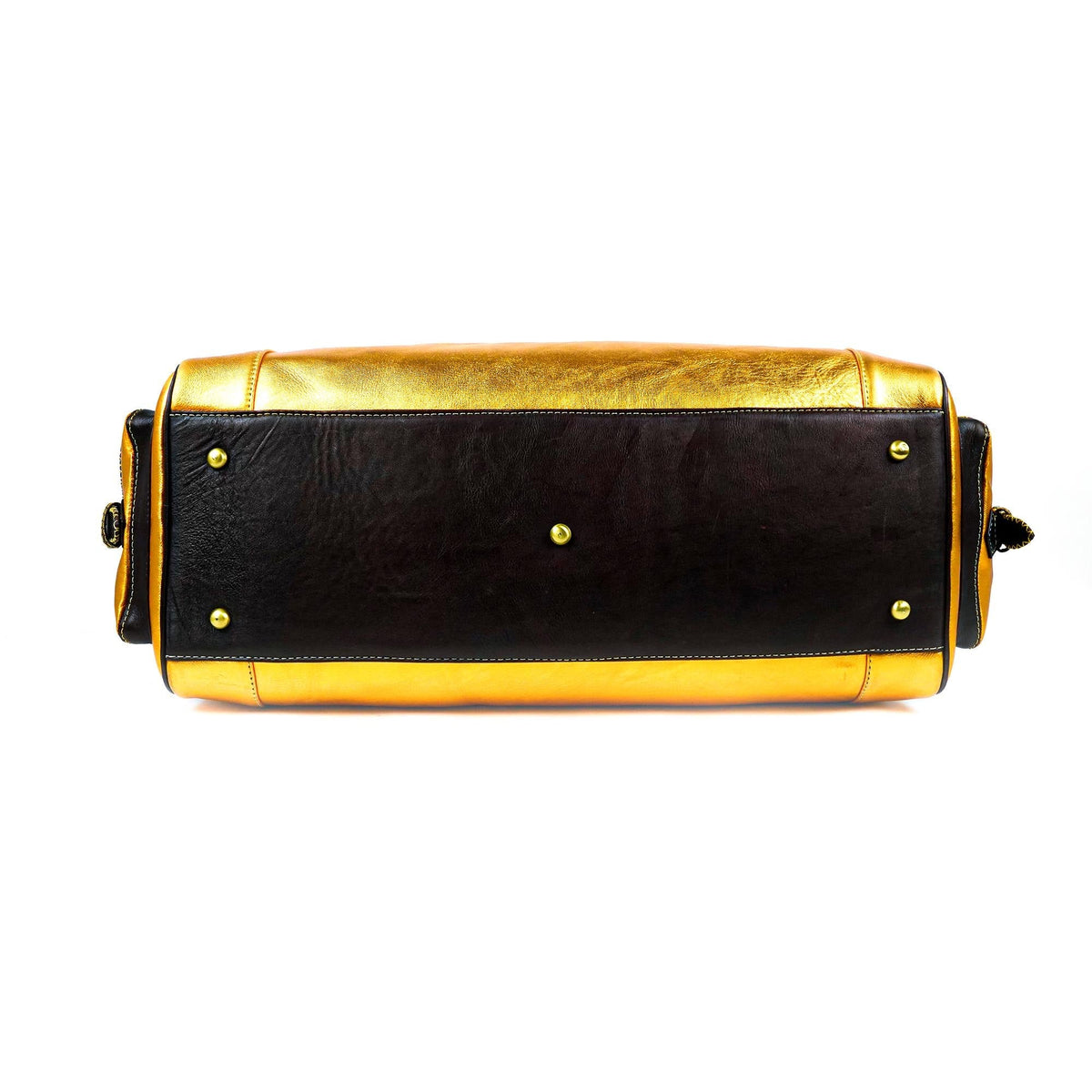 Gold Vintage Leather Travel Bag Side View Morocco Style - LuxoraCraft