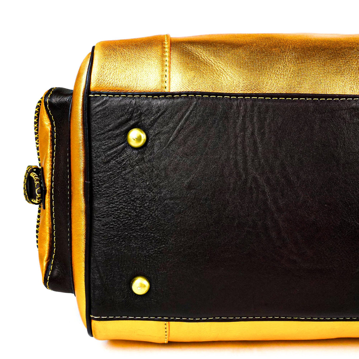 Gold Leather Weekender Bag Hand-Stitched Moroccan Craft - LuxoraCraft