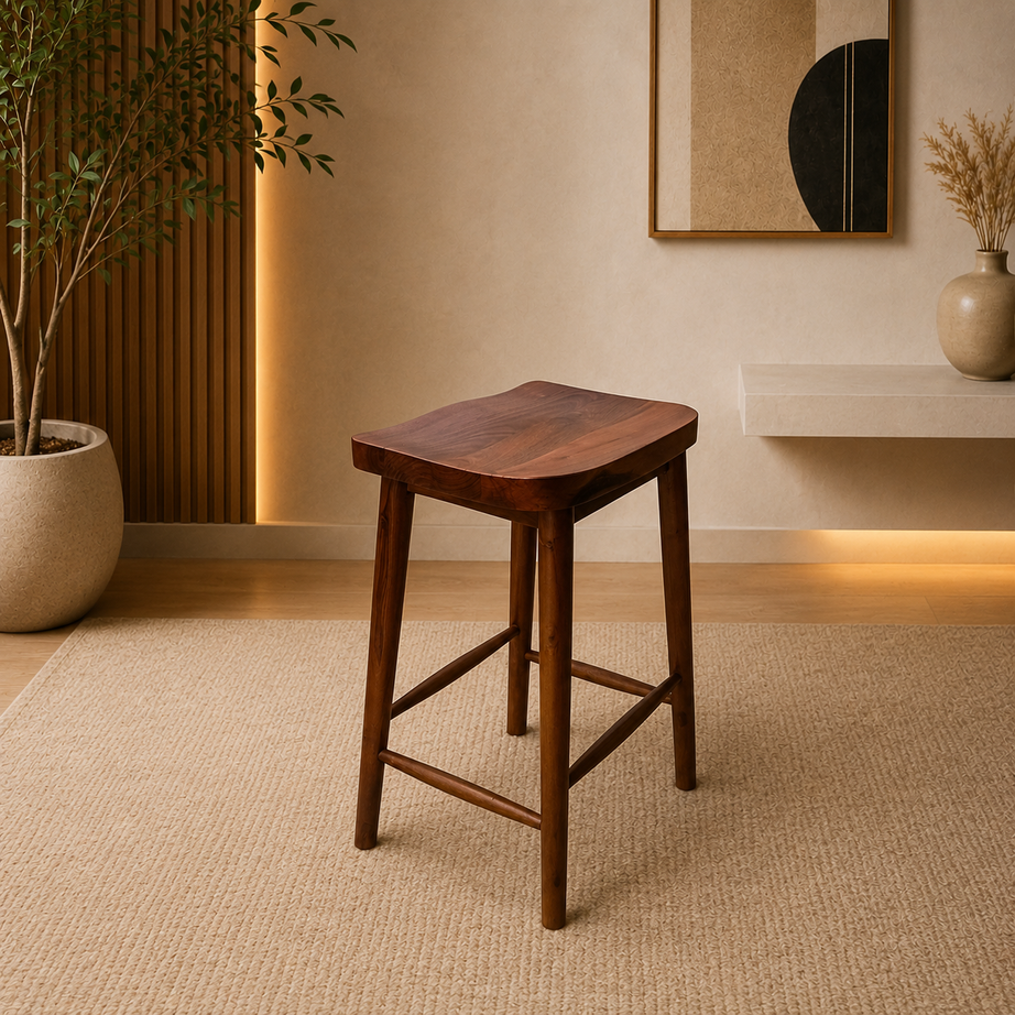 Handcrafted Walnut Counter Stool – Backless Solid Wood Bar Stool with Ergonomic Curved Seat for Kitchen Islands, Restaurants & Home Bars LuxoraCraft
