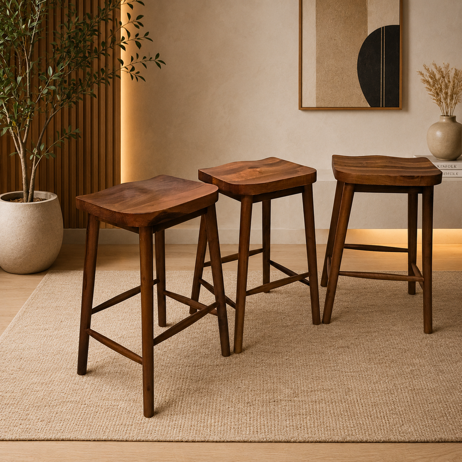 Handcrafted Walnut Counter Stool – Backless Solid Wood Bar Stool with Ergonomic Curved Seat for Kitchen Islands, Restaurants & Home Bars LuxoraCraft