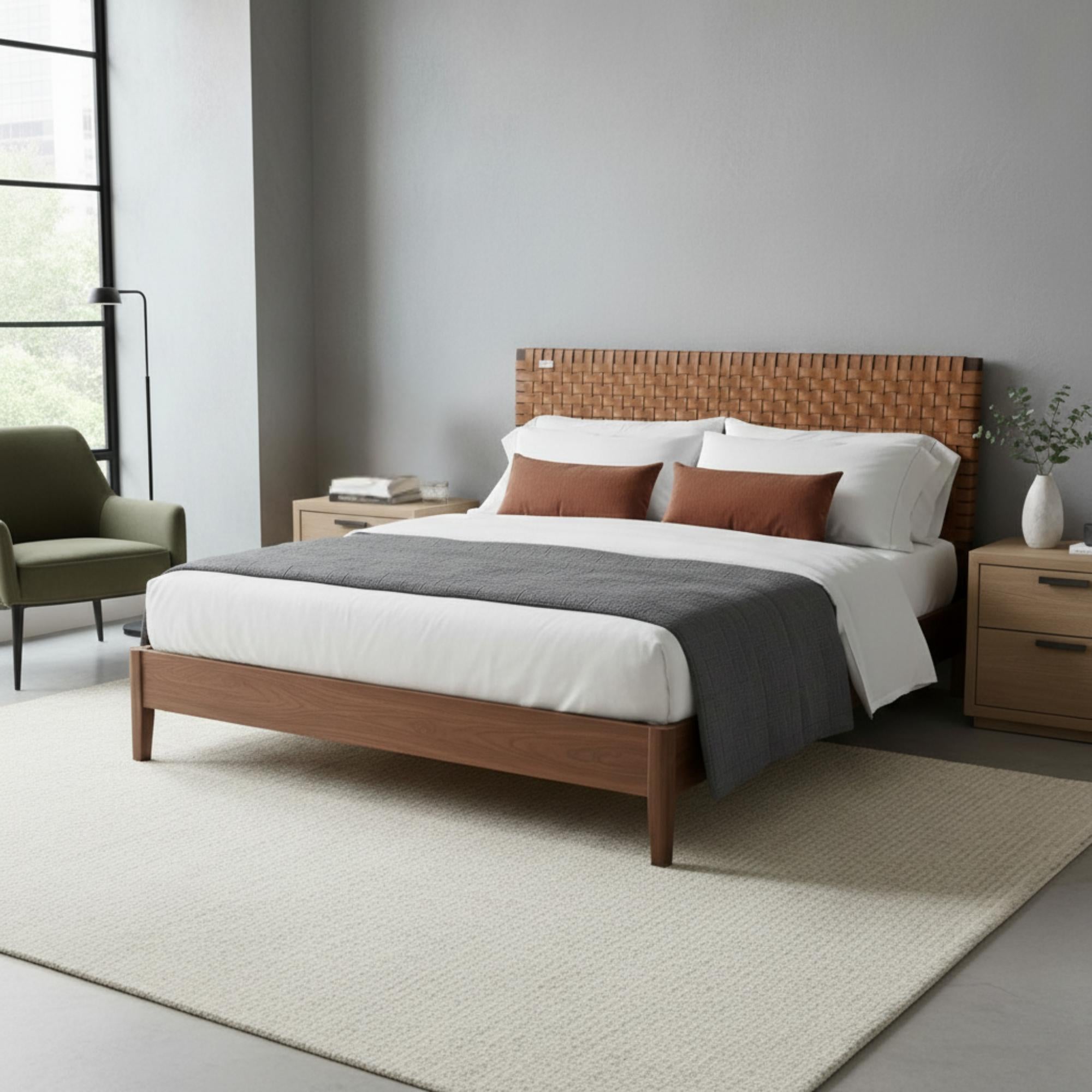 Solid Walnut Headboard with Full-Grain Leather Straps