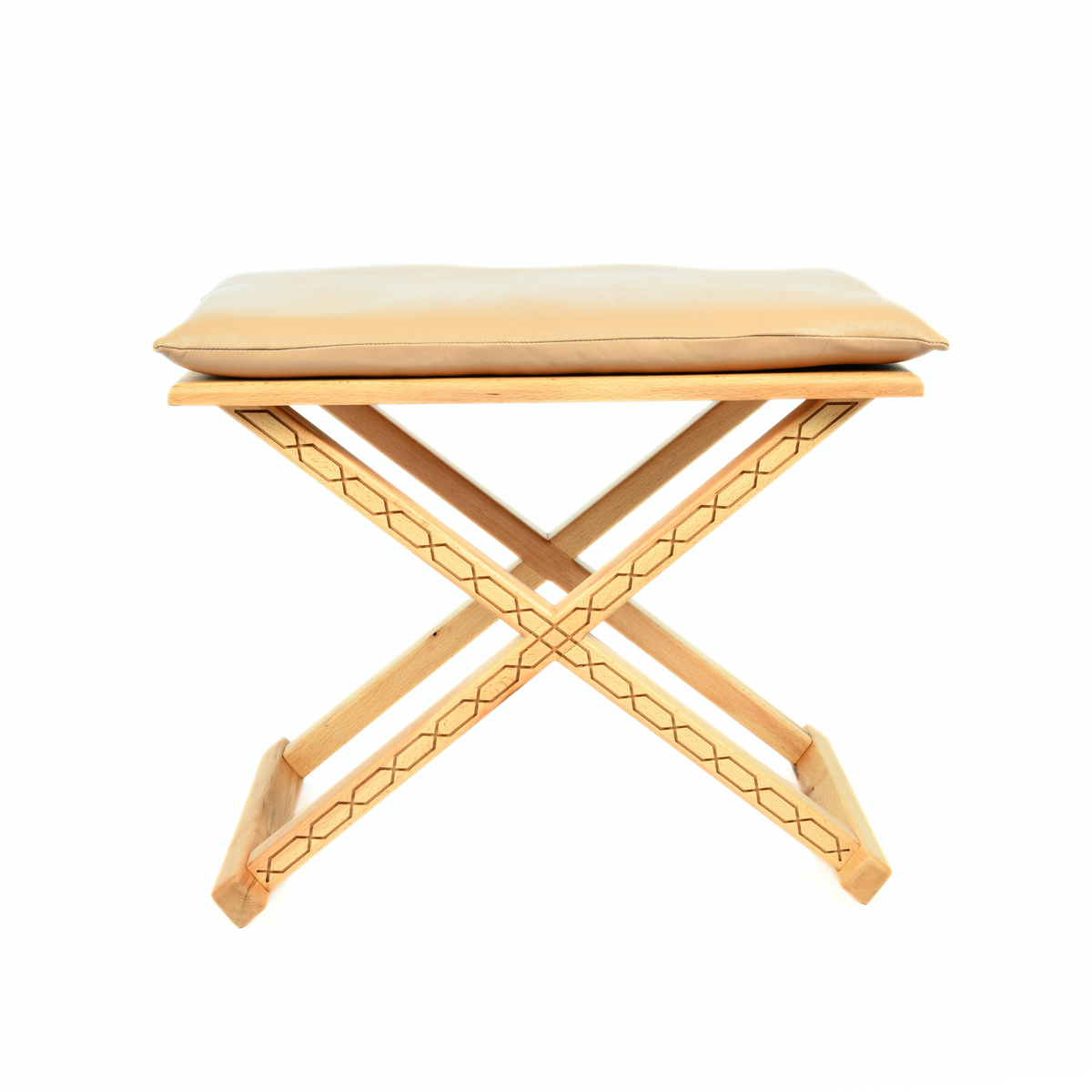 Varnished Wood X Stool Beige Leather Cushion Detail - LuxoraCraft
