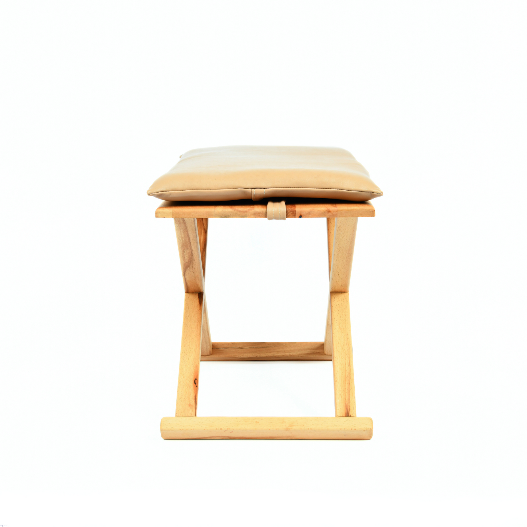 Varnished Wood Vintage X Stool with Beige Leather Cushion