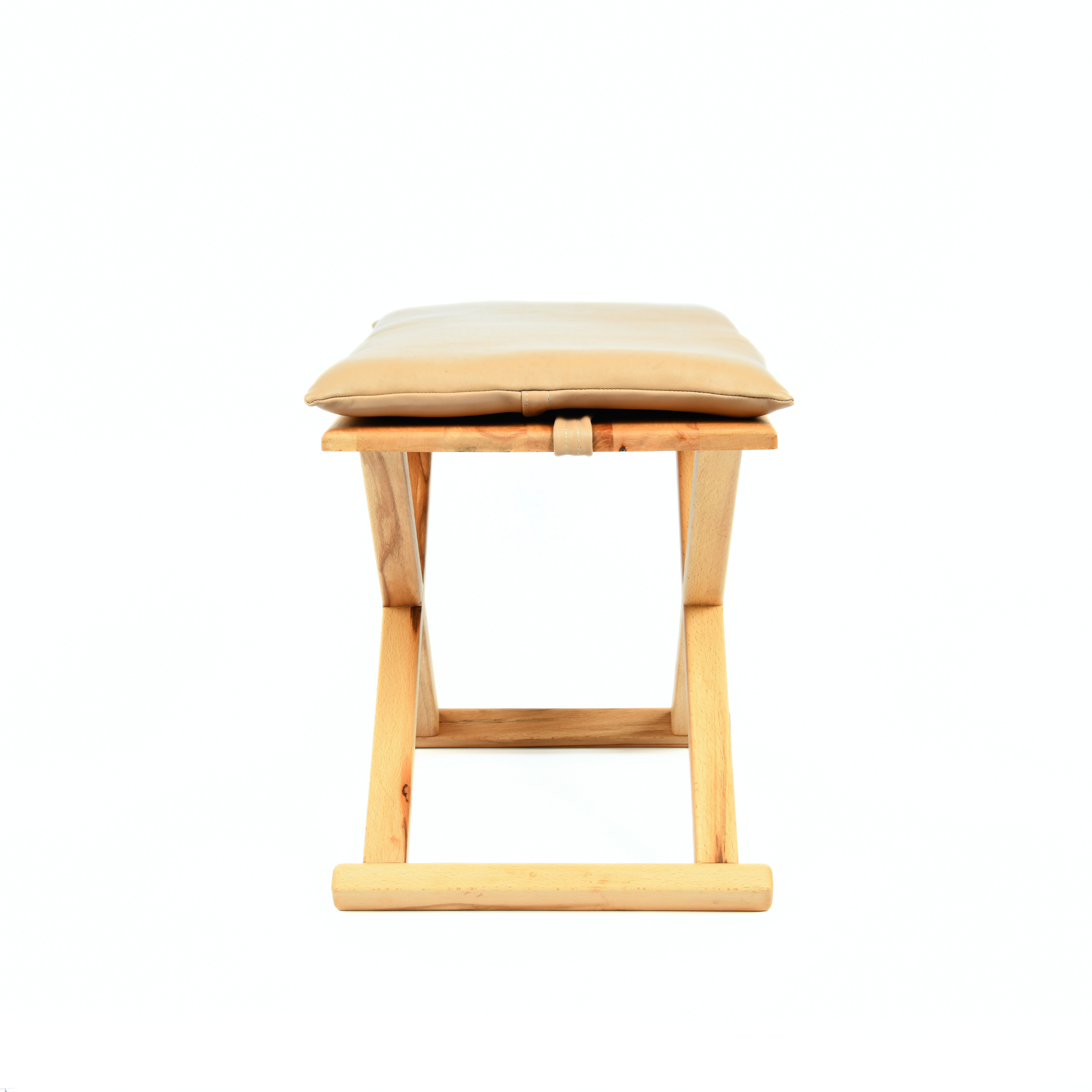 Varnished Wood Vintage X Stool with Beige Leather Cushion