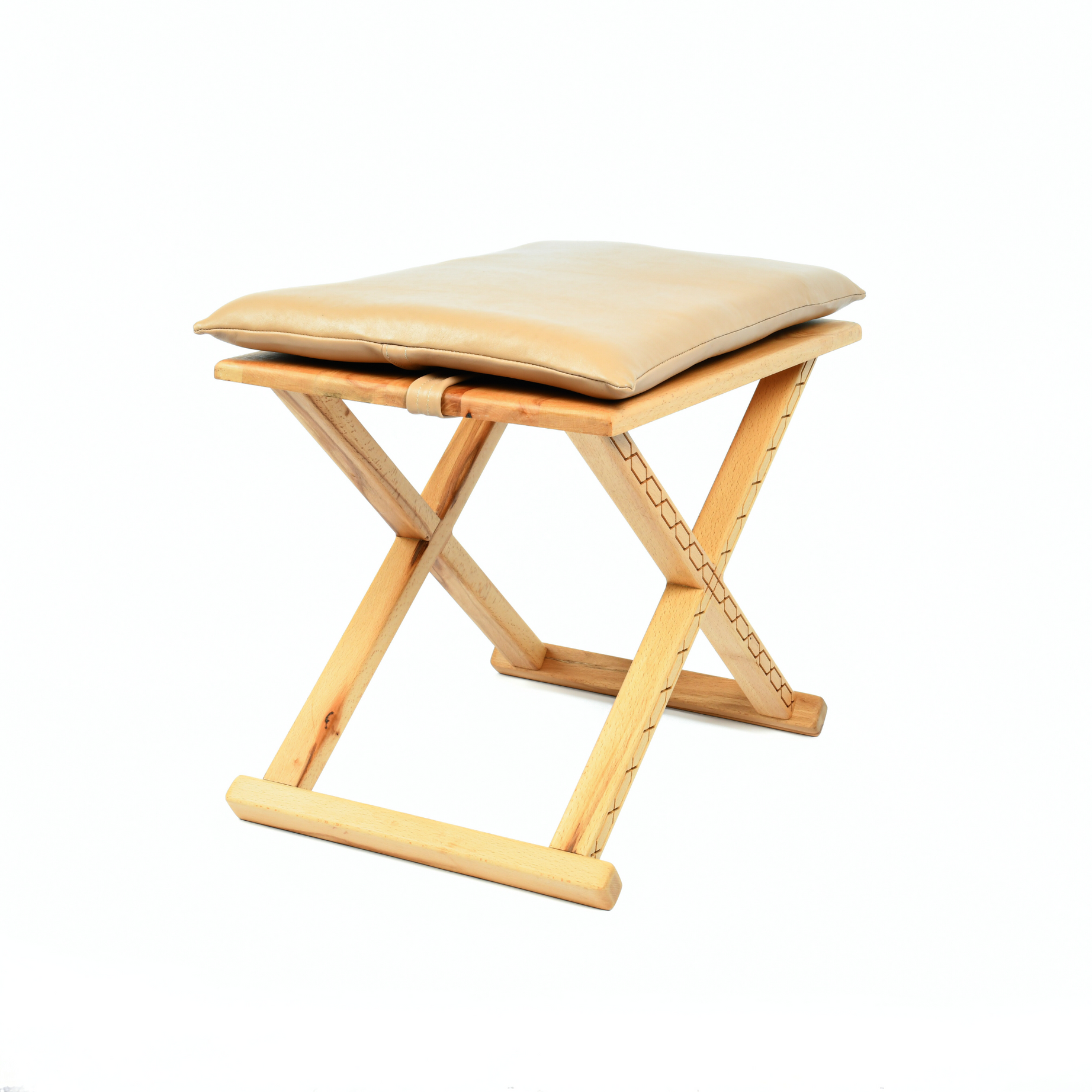 Varnished Wood Vintage X Stool with Beige Leather Cushion