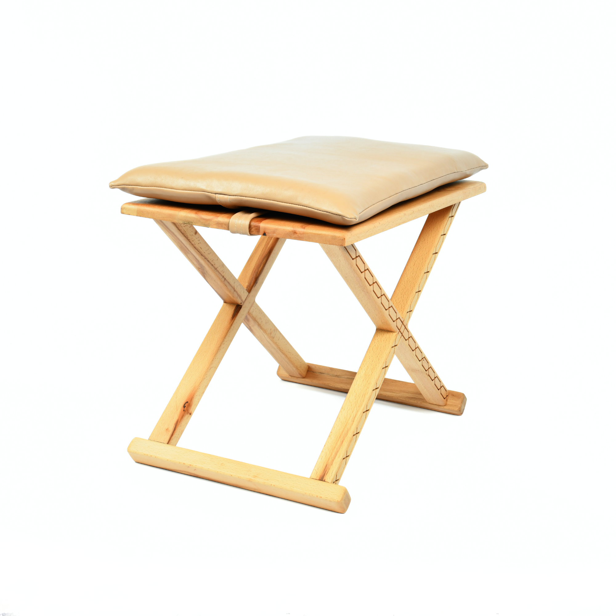 Varnished Wood Vintage X Stool with Beige Leather Cushion