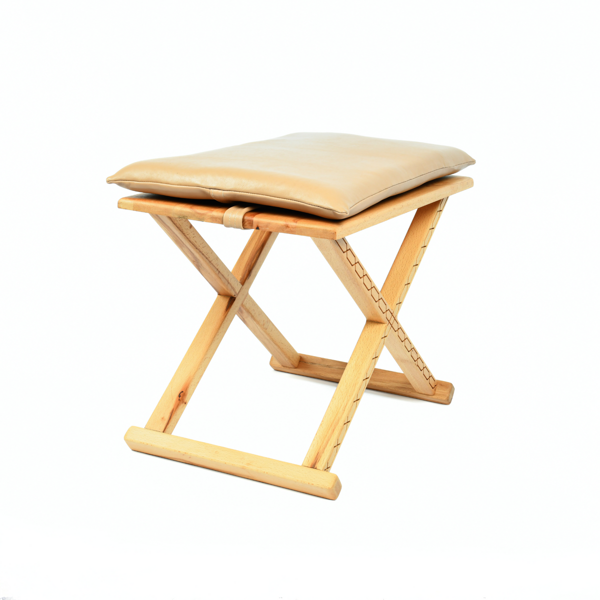 Varnished Wood Vintage X Stool Beige Leather Cushion - LuxoraCraft