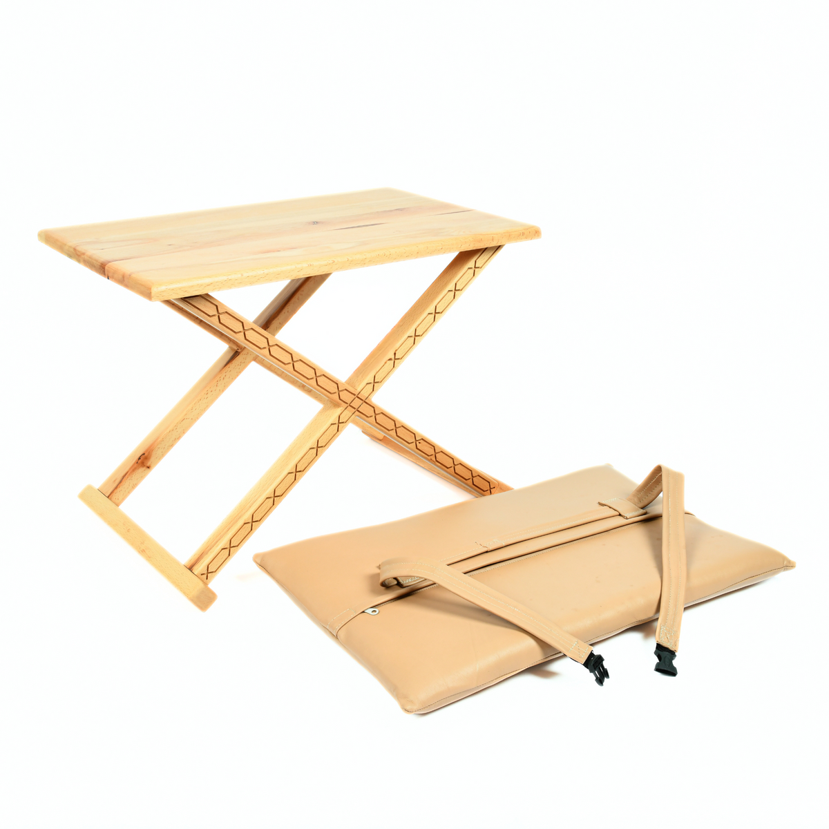 Vintage X Stool Beige Leather Cushion Front View Morocco - LuxoraCraft
