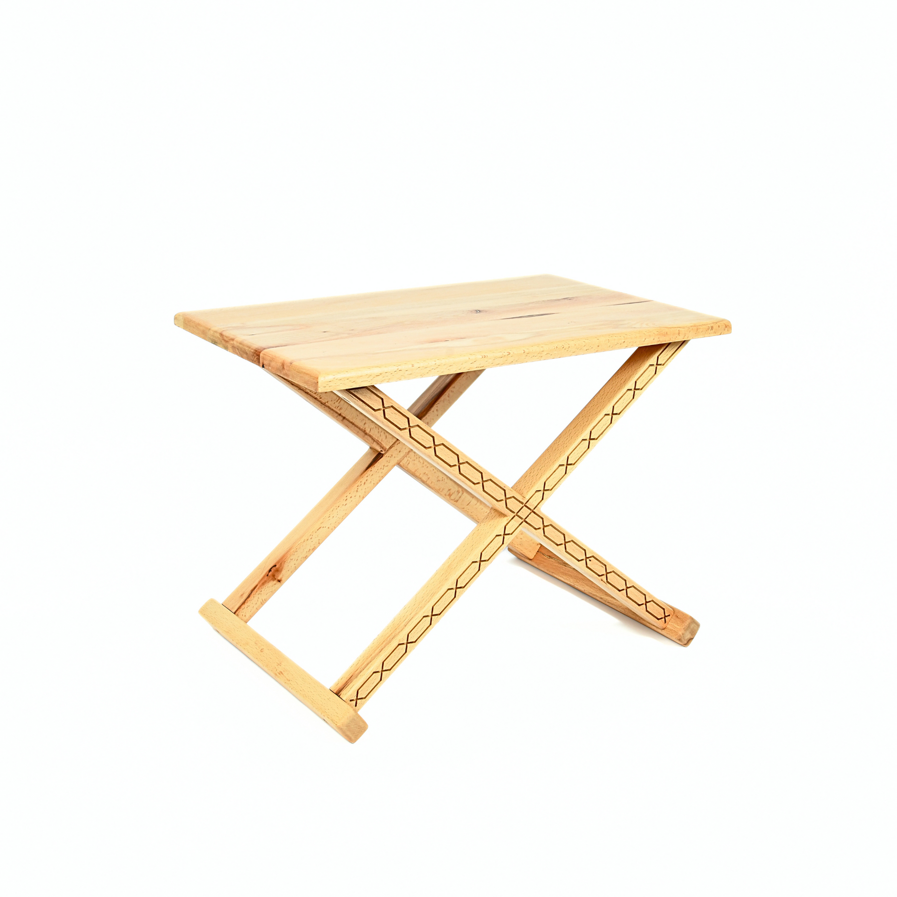 Varnished Wood Vintage X Stool with Beige Leather Cushion