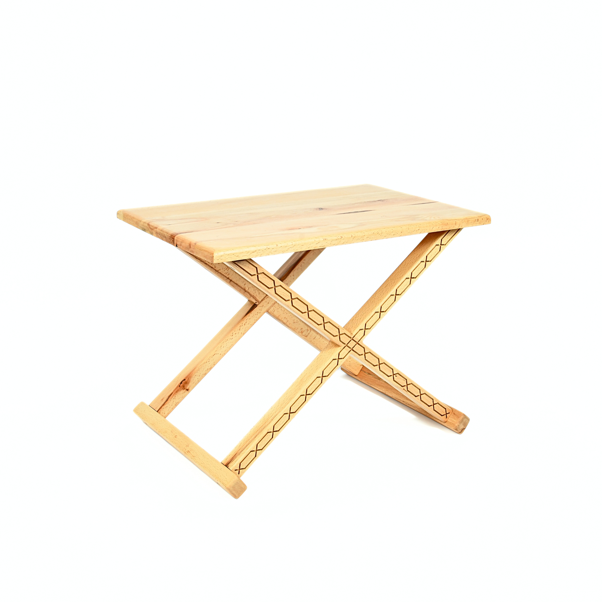 Varnished Wood Vintage X Stool with Beige Leather Cushion