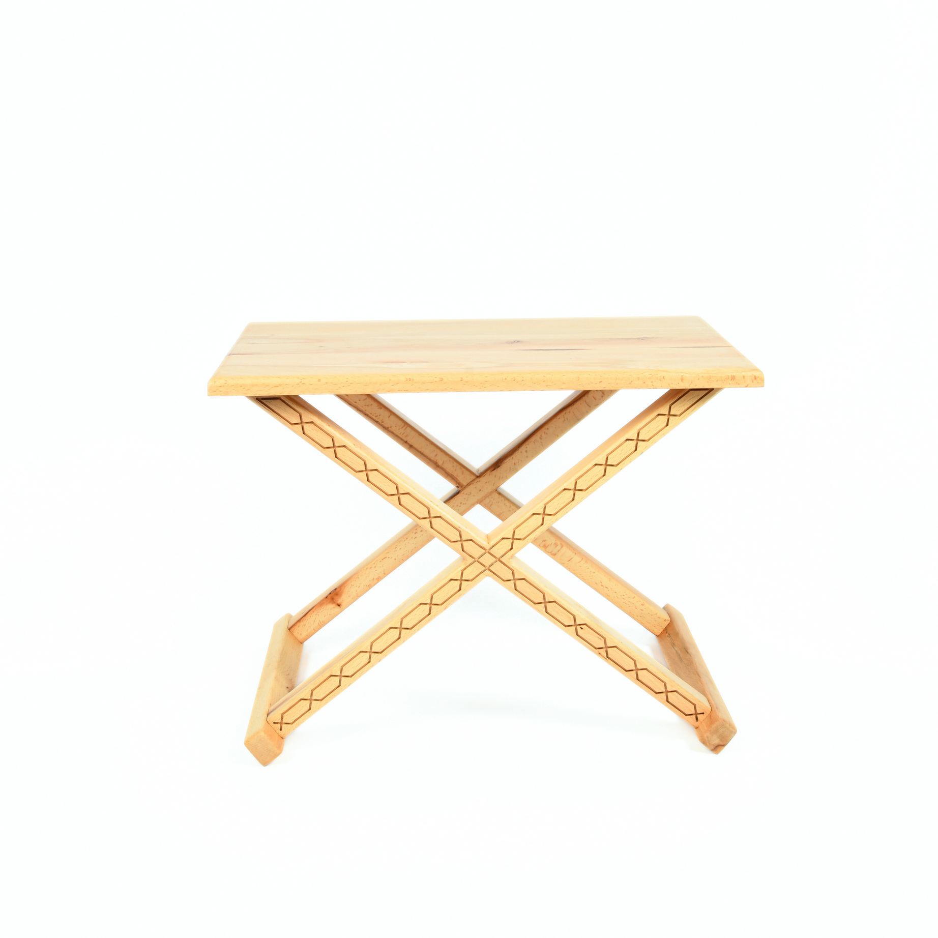 Varnished Wood Vintage X Stool with Beige Leather Cushion