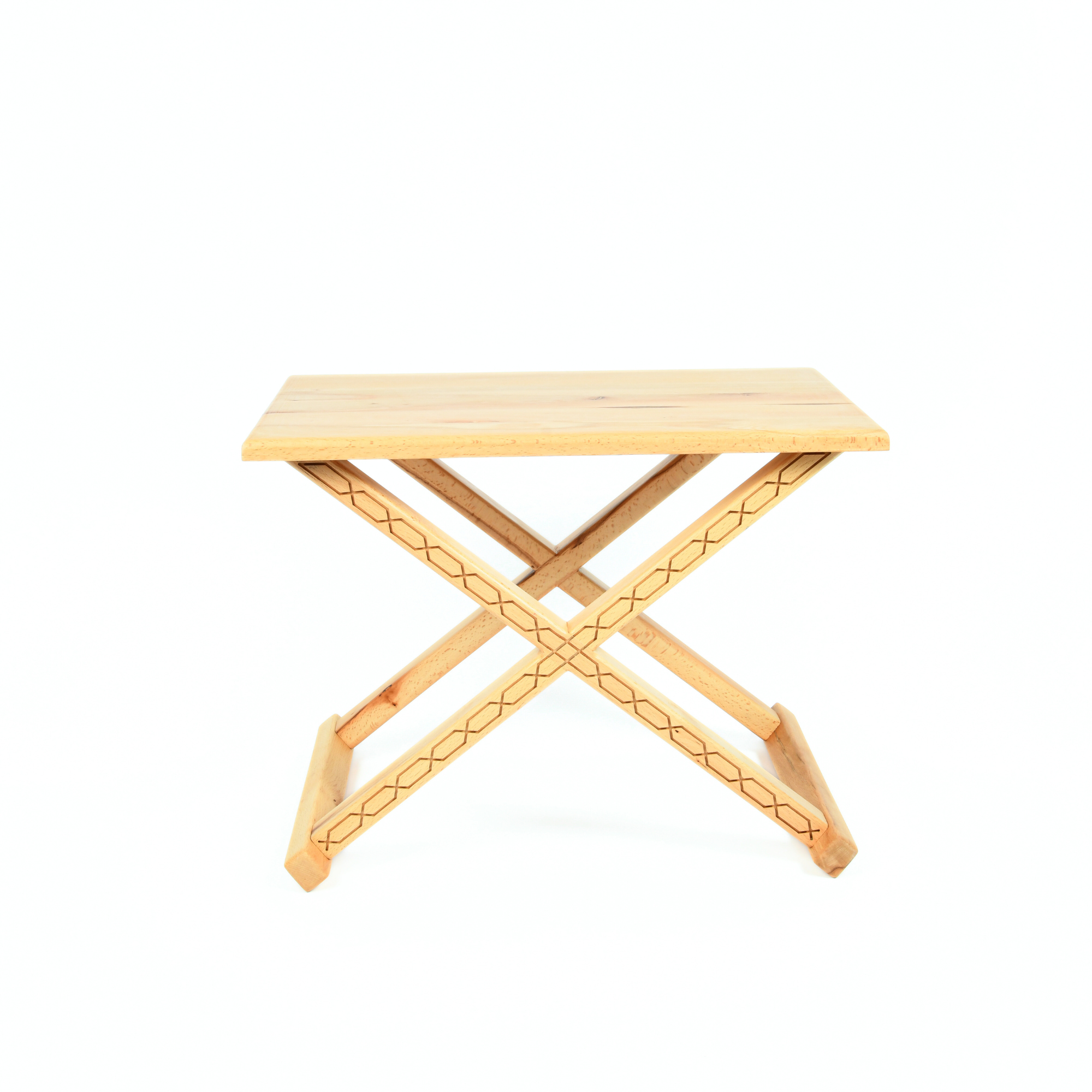 Varnished Wood Vintage X Stool with Beige Leather Cushion