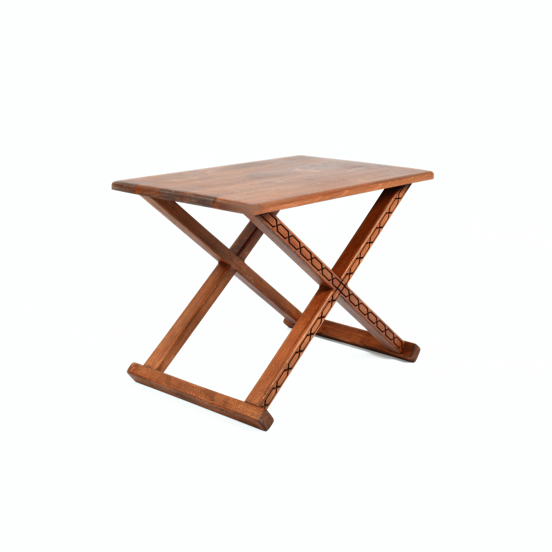 Brown Wooden X Stool with Handcrafted Brown Leather Cushion