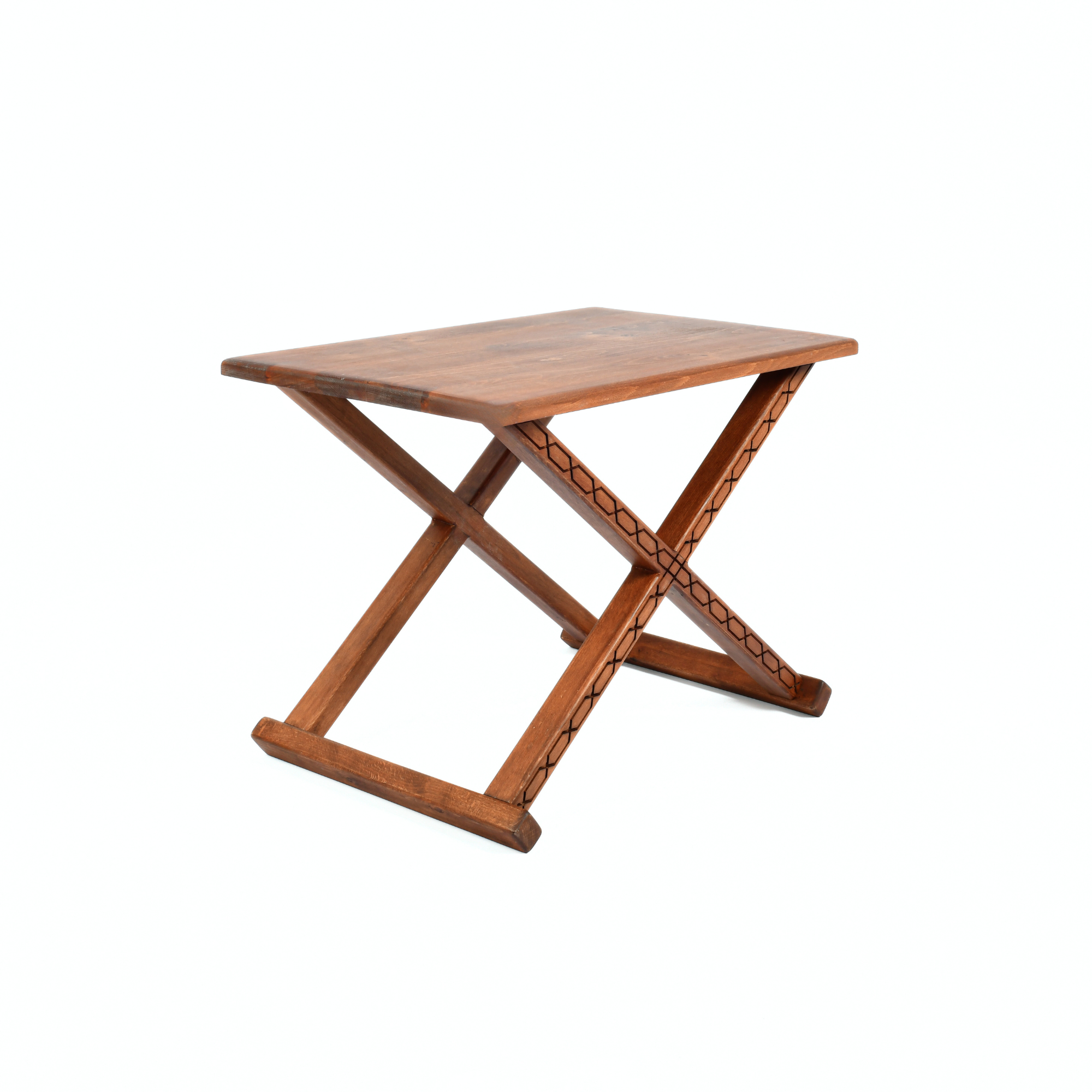 Brown Wooden X Stool with Handcrafted Brown Leather Cushion
