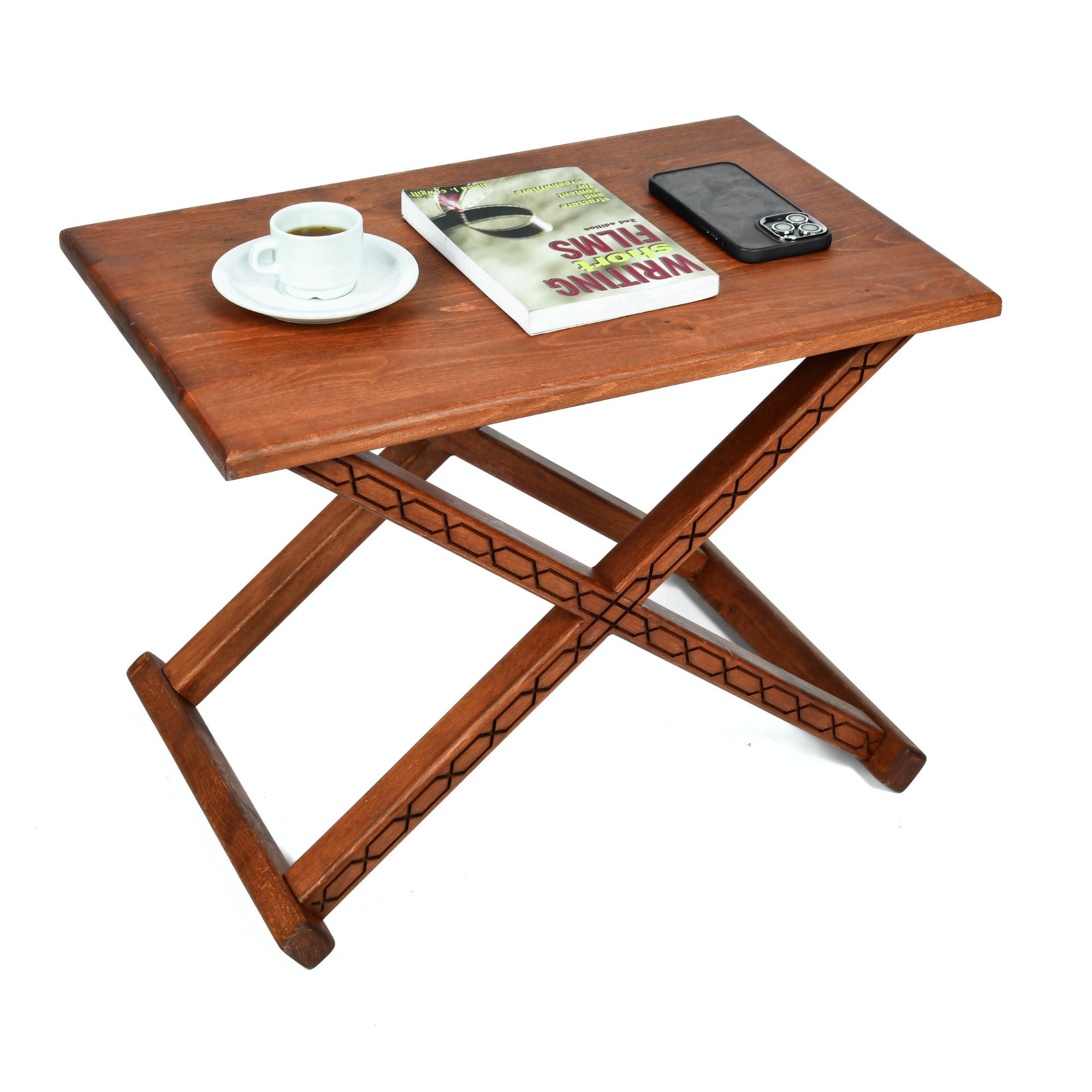 Brown Wooden X Stool with Handcrafted Brown Leather Cushion