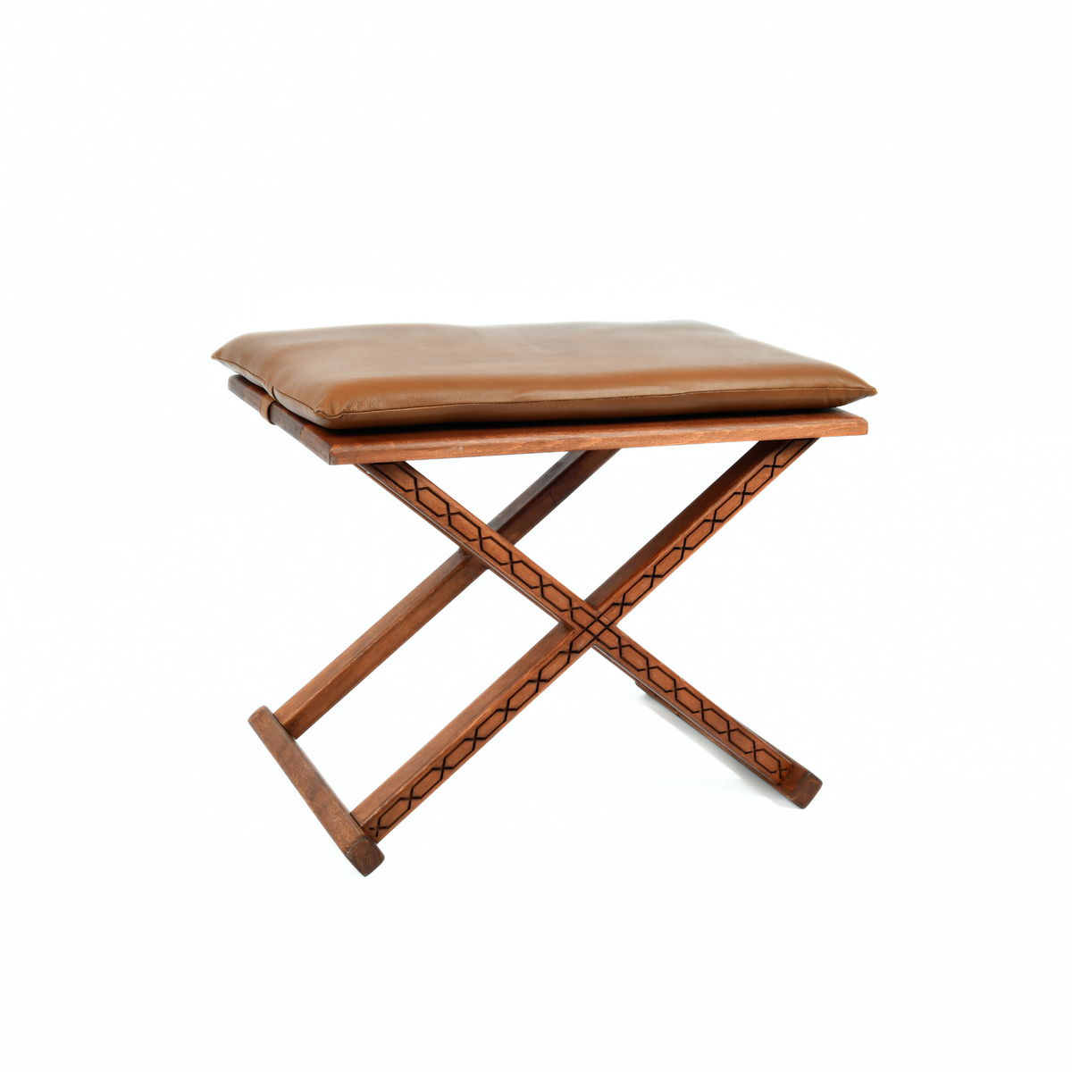 Brown Wooden X Stool Leather Seat Moroccan Artisan Made - LuxoraCraft