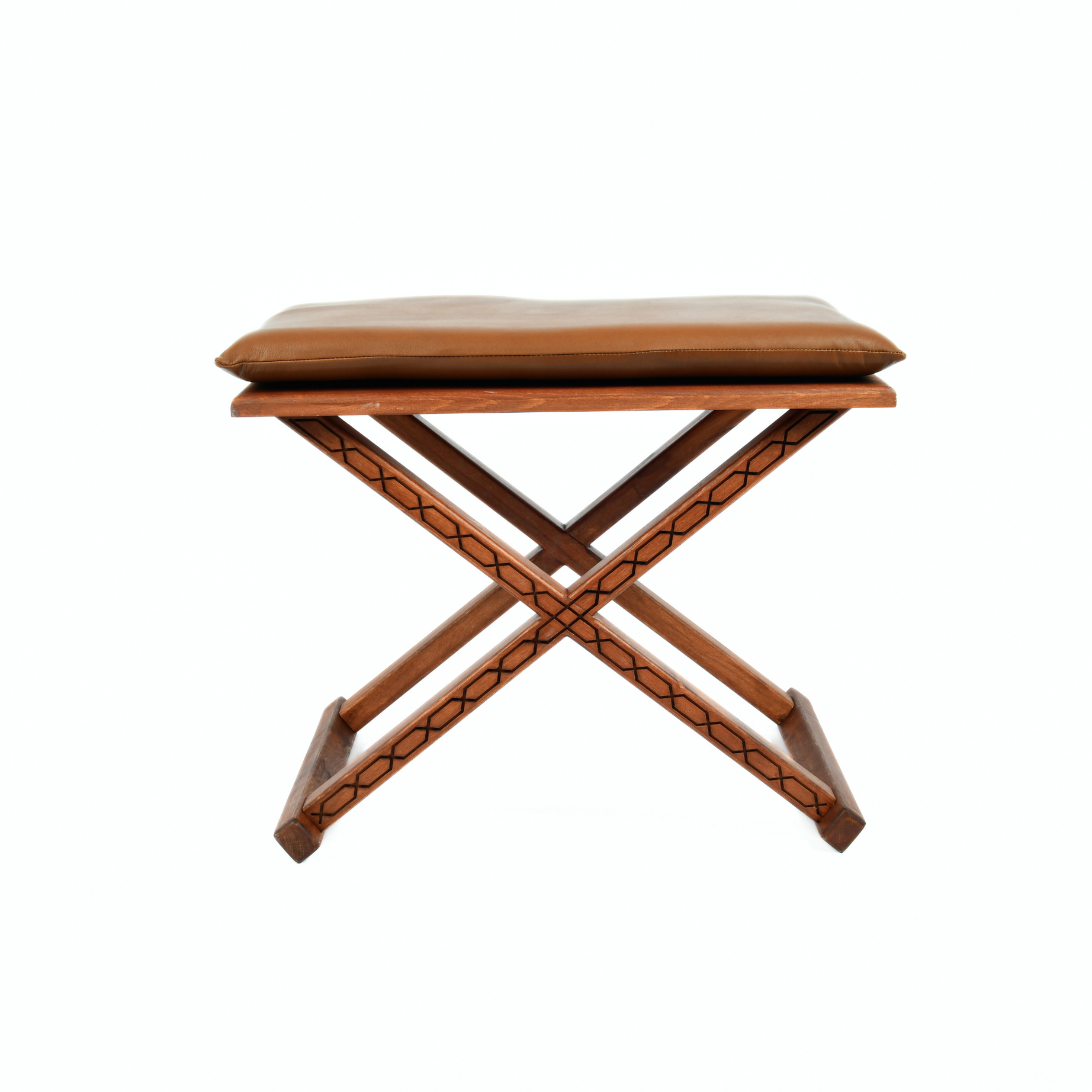 Brown Wooden X Stool with Handcrafted Brown Leather Cushion