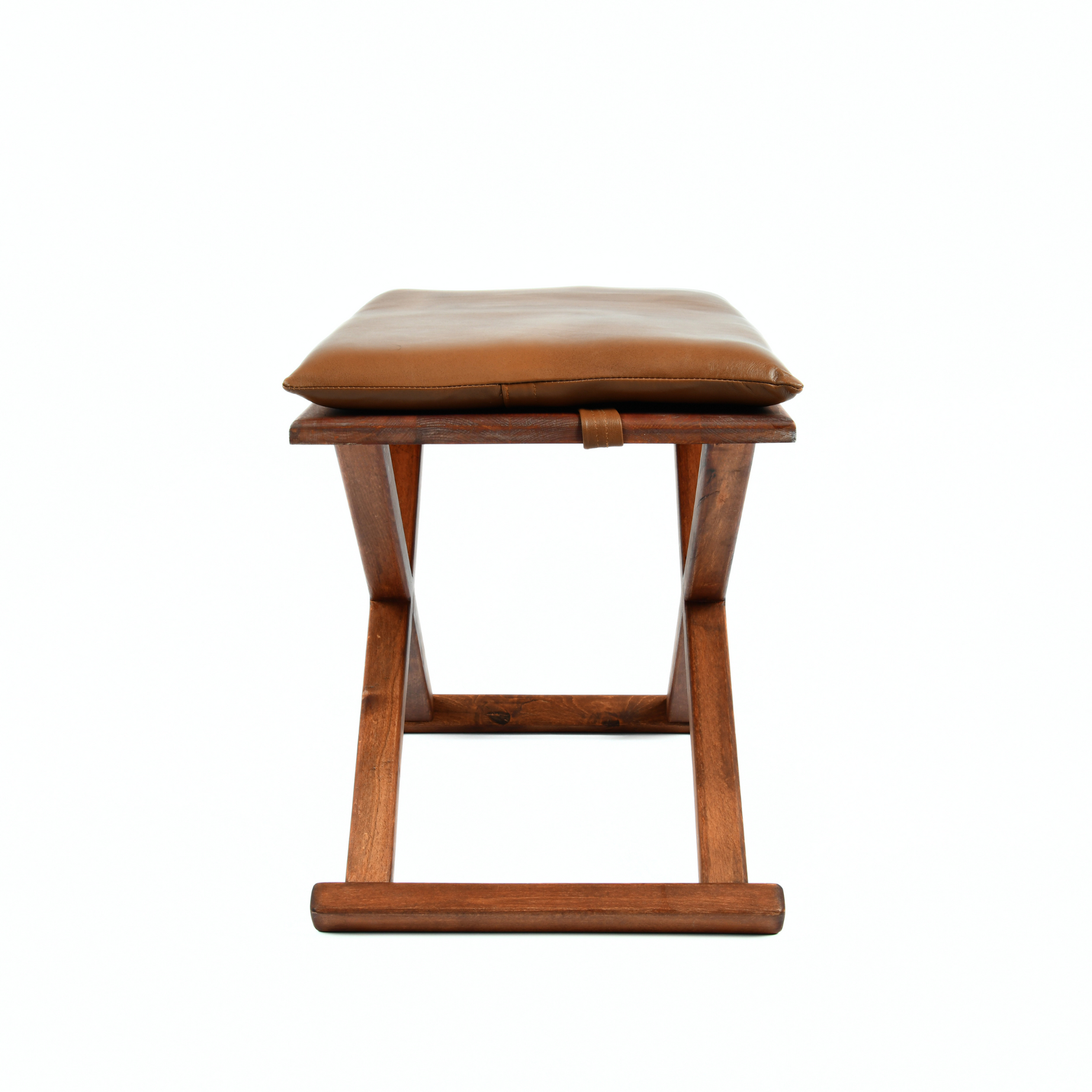 Brown Wooden X Stool with Handcrafted Brown Leather Cushion