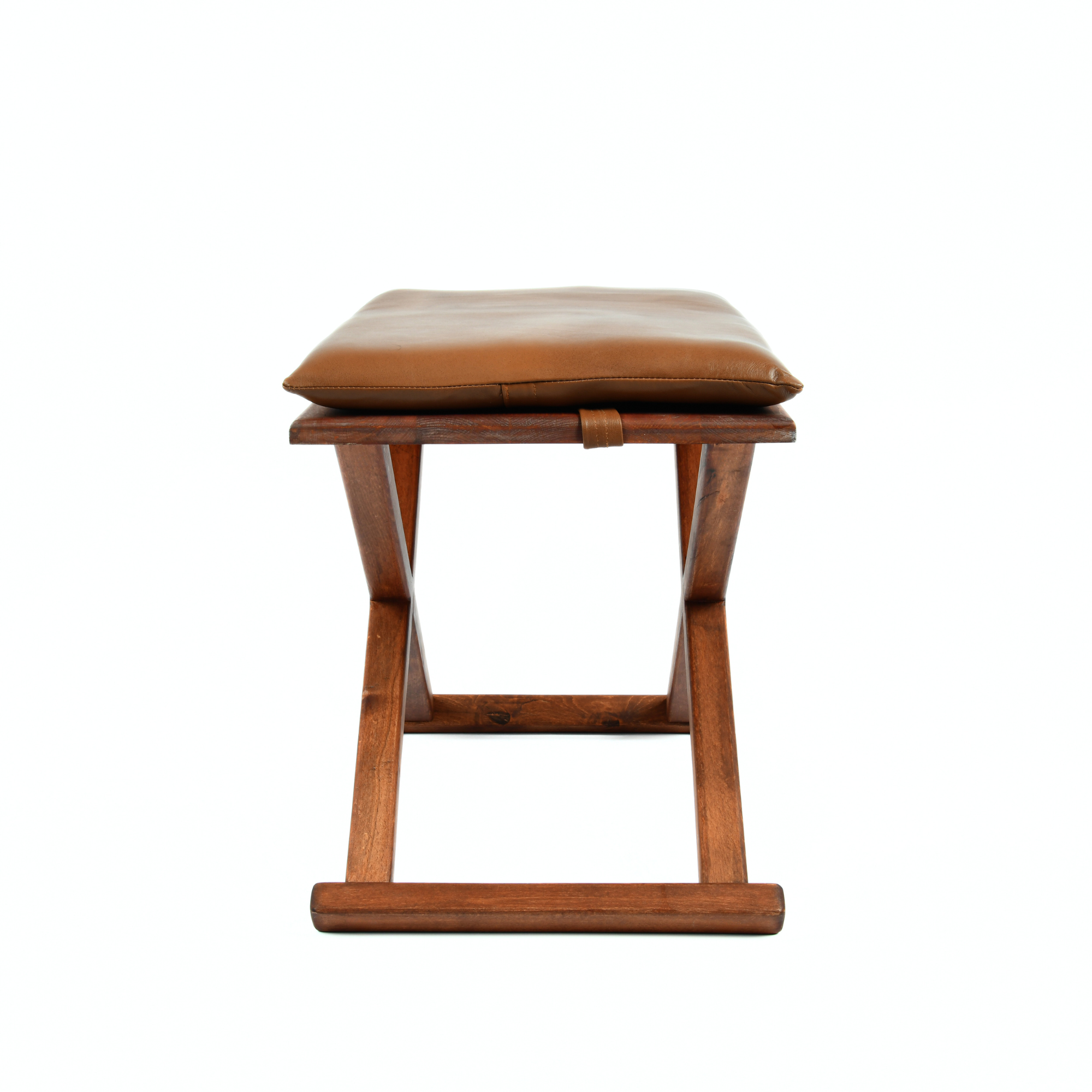 Brown Wooden X Stool with Handcrafted Brown Leather Cushion