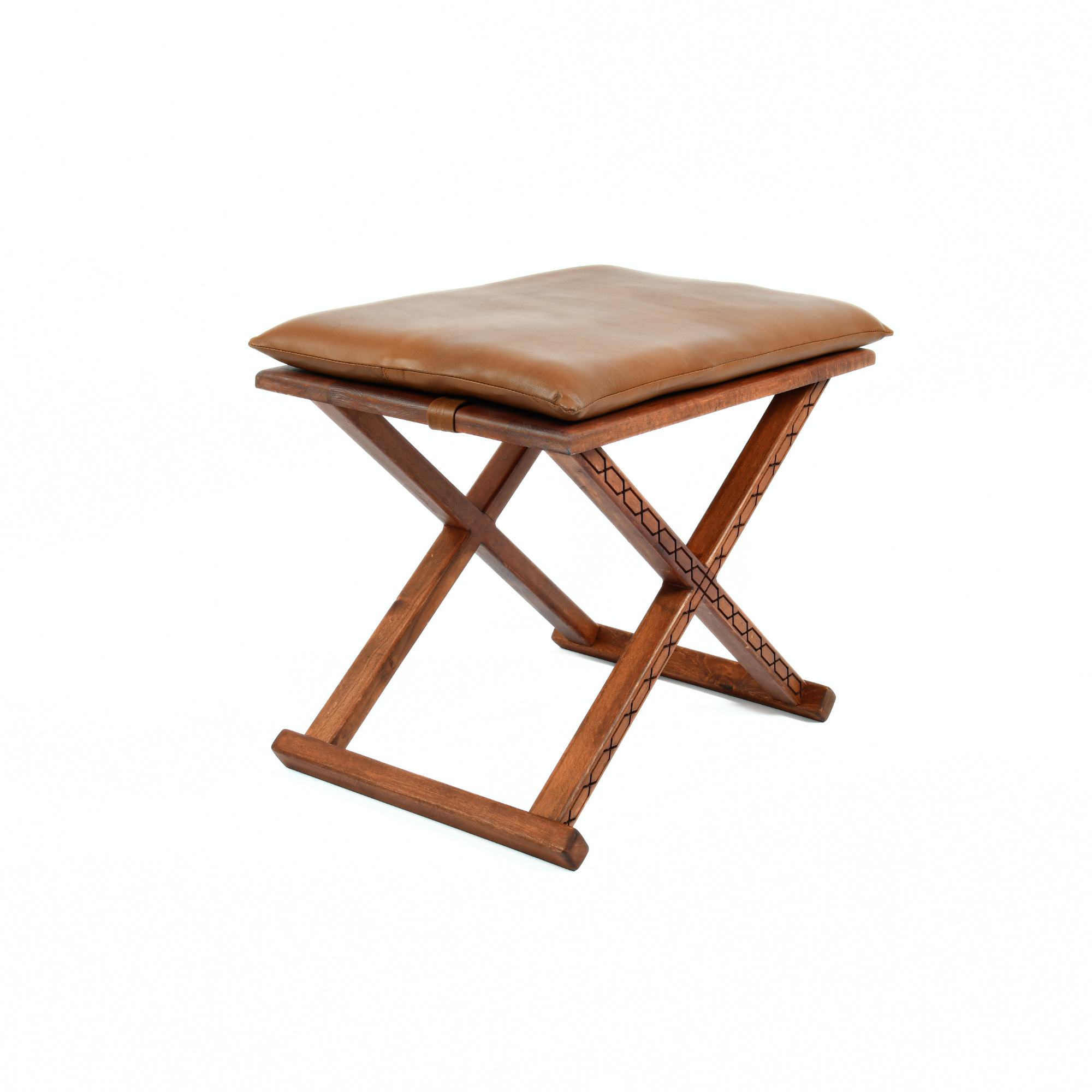 Brown Wooden X Stool with Handcrafted Brown Leather Cushion