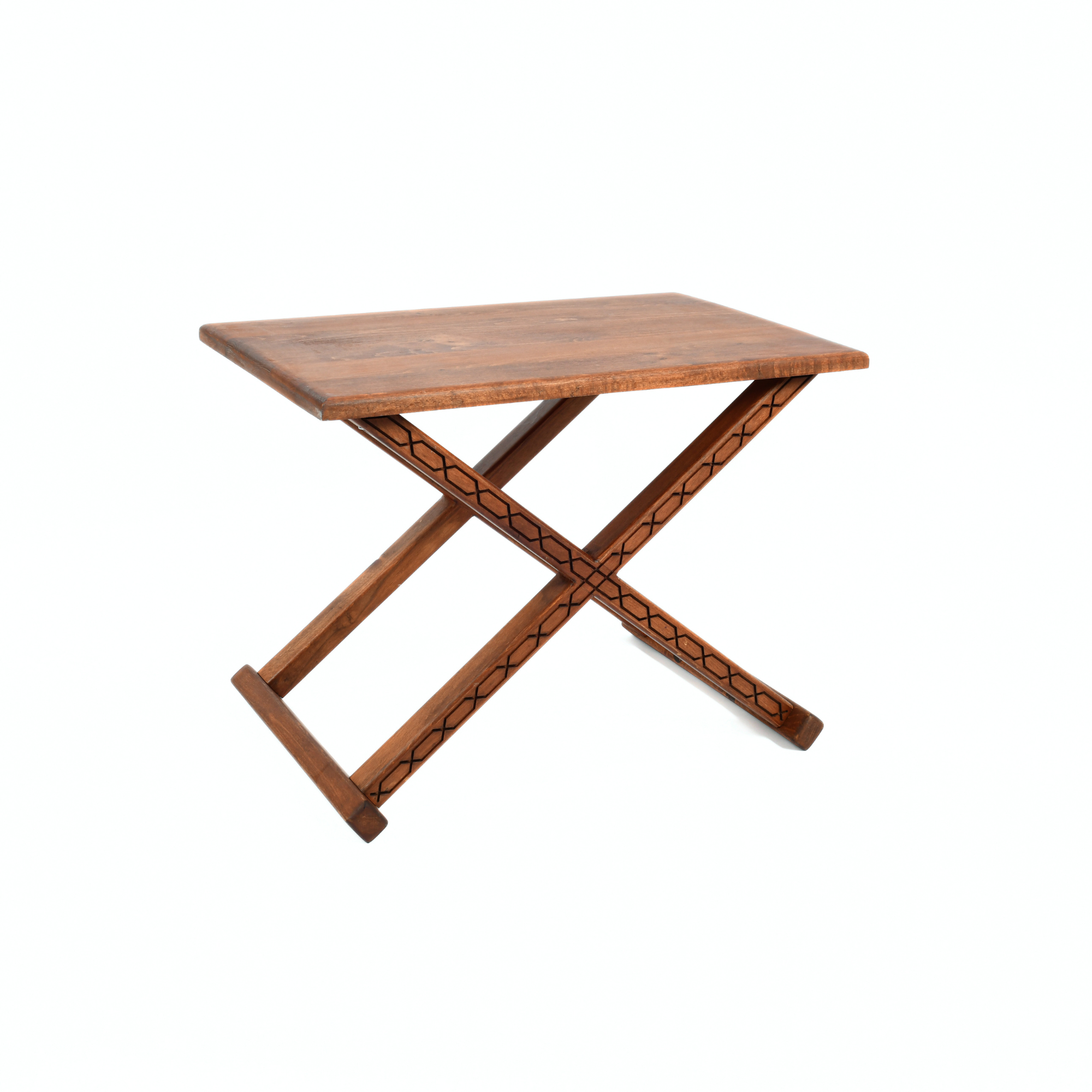 Brown Wooden X Stool with Handcrafted Brown Leather Cushion