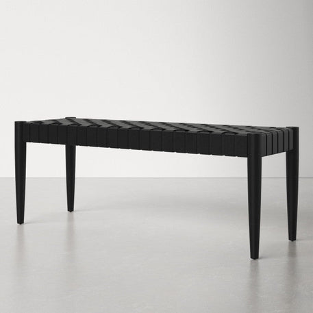 Customizable Woven Leather Bench Black Wood Tanned Leather - LuxoraCraft