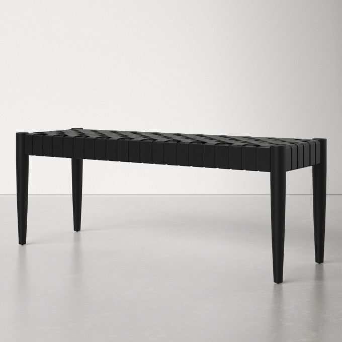 Customizable Woven Leather Bench Black Wood Tanned Leather - LuxoraCraft