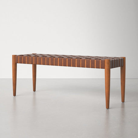 Customizable Woven Leather Bench Brown Wood Tanned Leather - LuxoraCraft